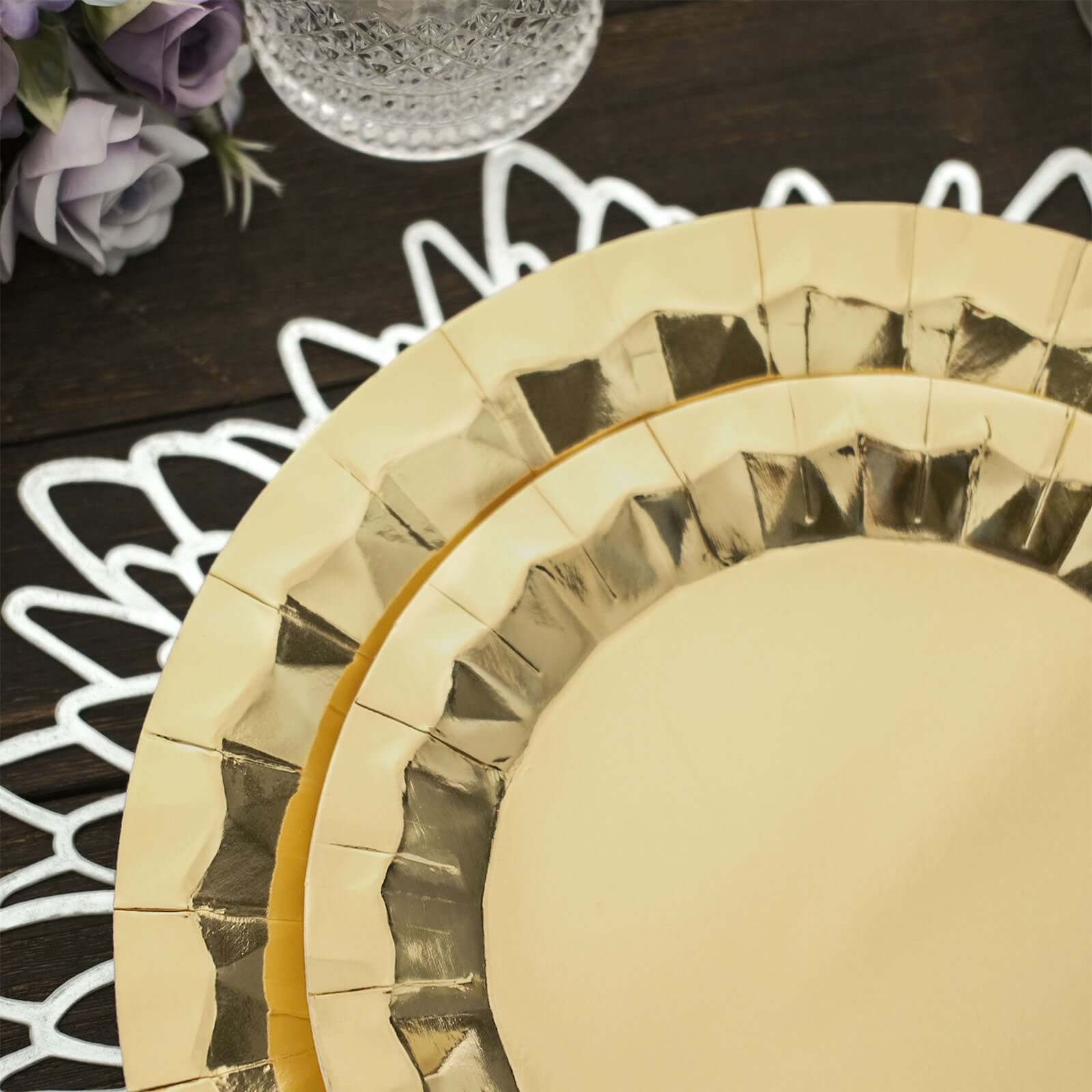 25-Pack Paper 12 Round Charger Plates in Metallic Gold with Geometric Prism Design - Disposable 400GSM Serving Trays for Stylish Banquets & Celebrations