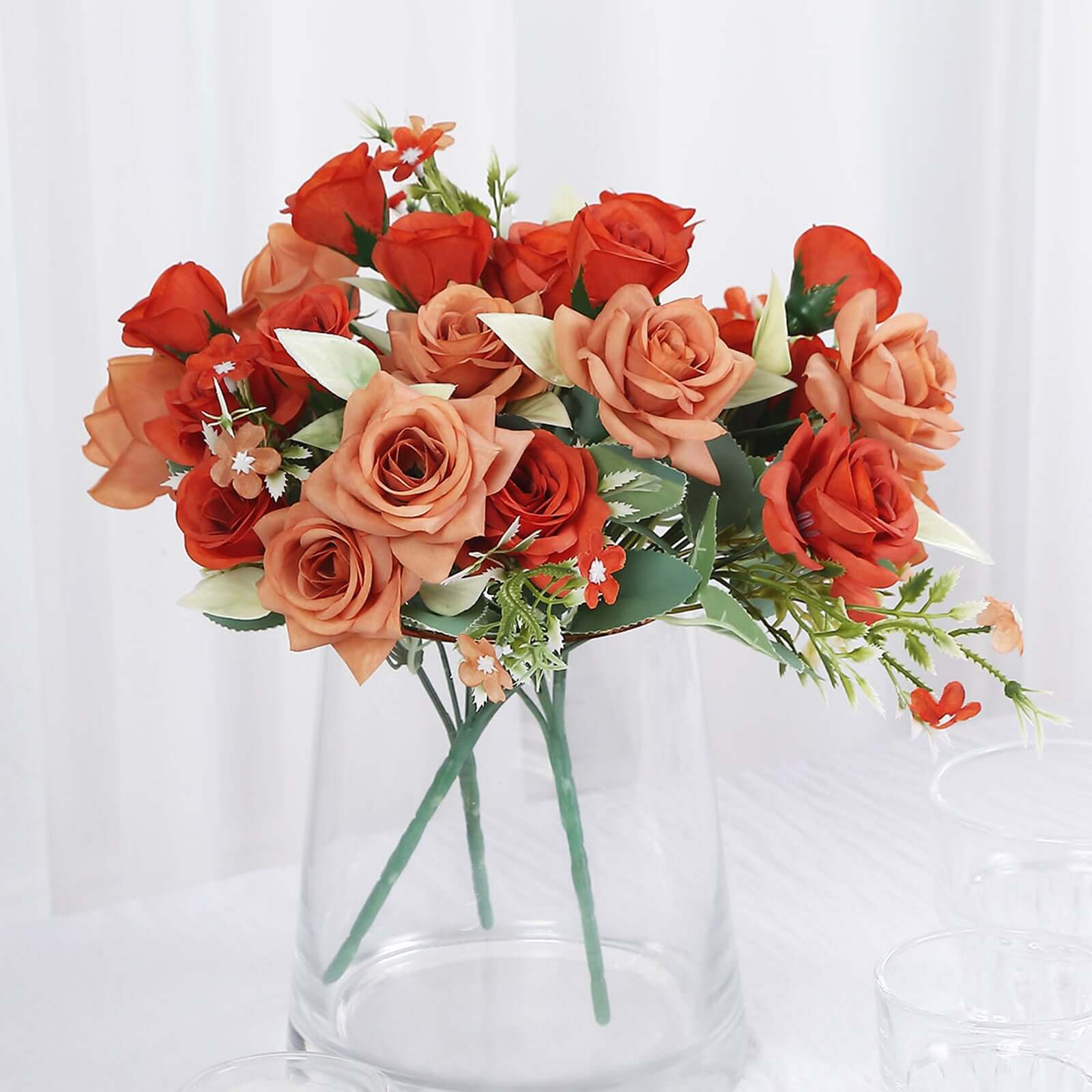 4 Bushes 12 Terracotta (Rust) Real Touch Artificial Silk Rose Flower Bouquet, Faux Bridal Flowers