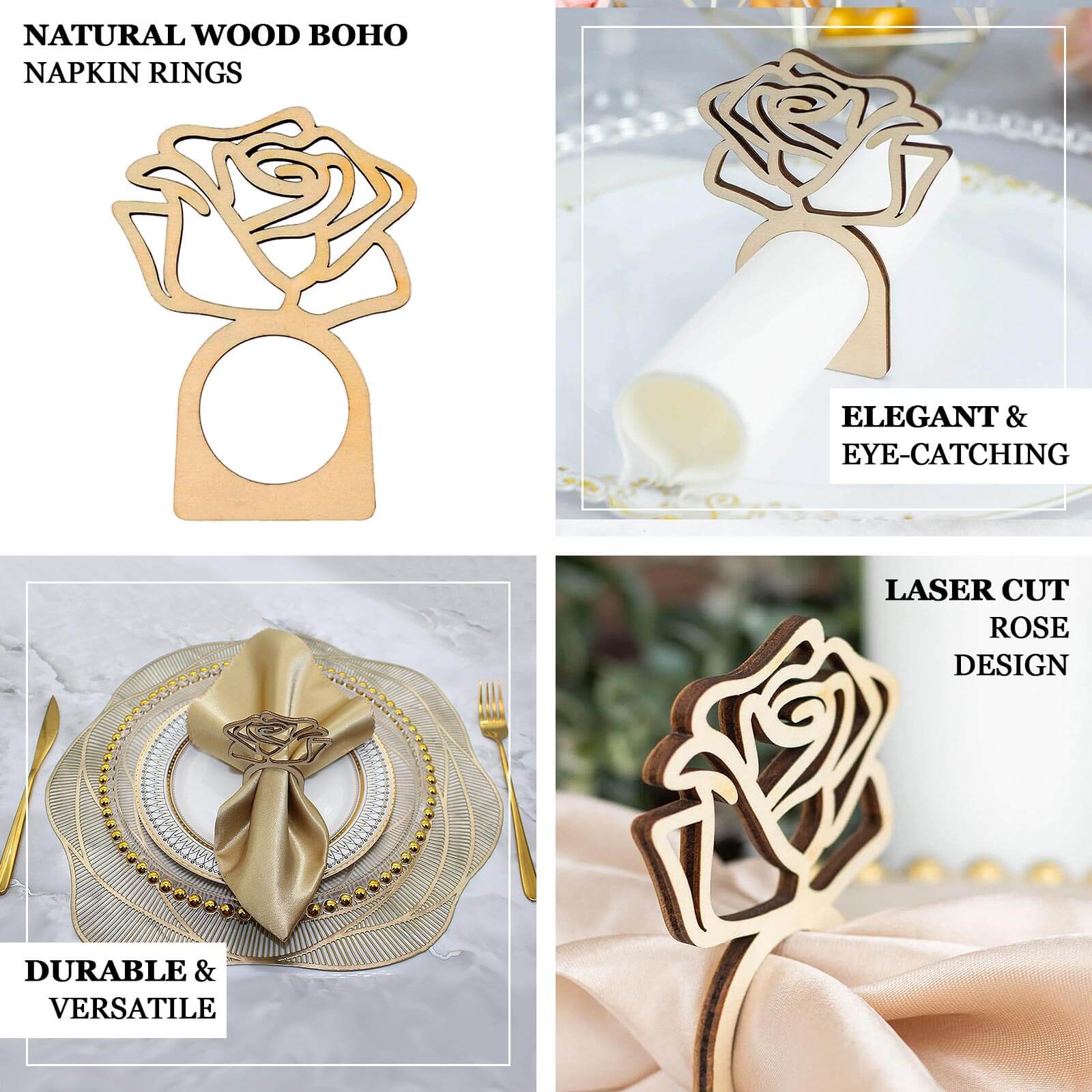 10 Pack 4 Natural Wood Laser Cut Rose Design Rustic Napkin Rings, Boho Farmhouse Napkin Holders