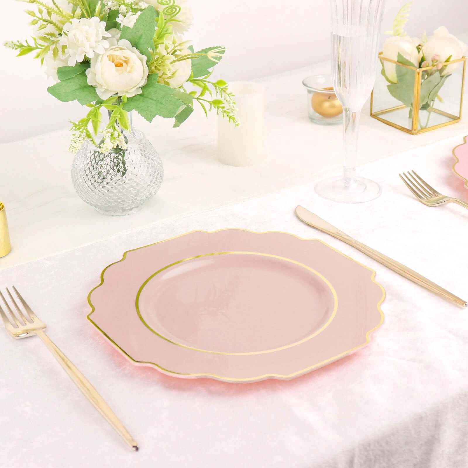 10-Pack Plastic Dessert Appetizer Plates in Blush Baroque Design with Scalloped Gold Rim - Heavy Duty Disposable Salad Plates 8