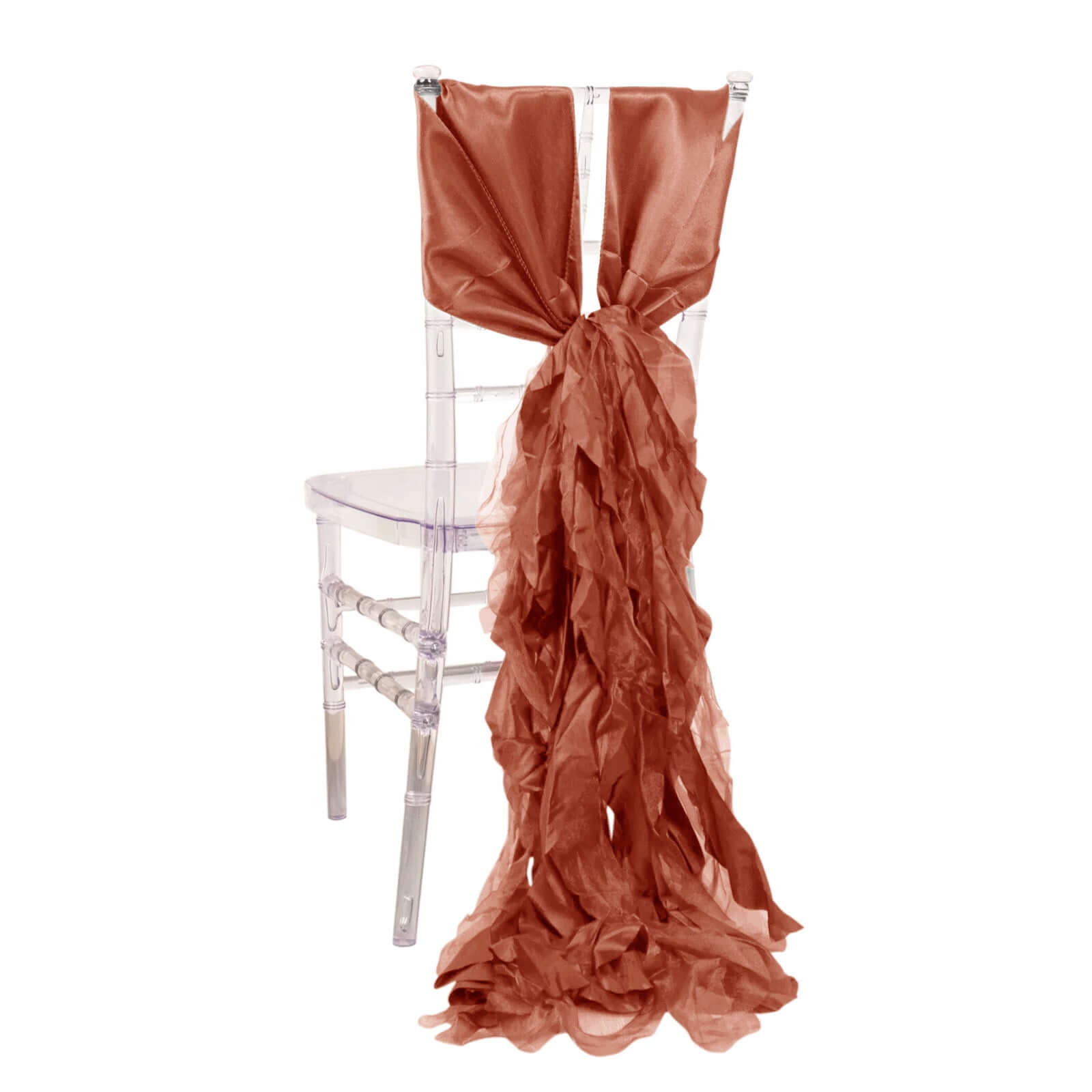 5 Pack Chiffon Satin Chair Sashes Terracotta (Rust) - Easy to Install Ruffled Curly Willow