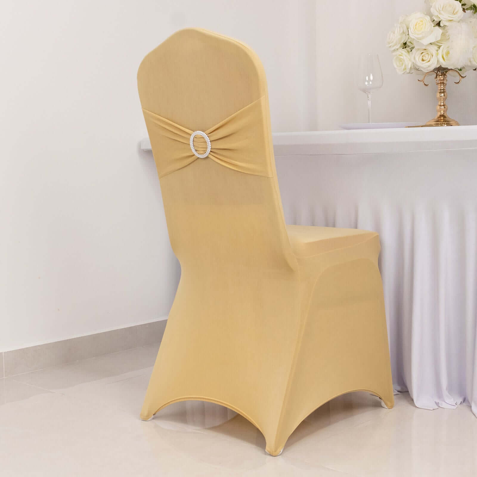 Spandex Chair Cover with Champagne Rhinestone Buckled Sash Band Blush - Stretch Fitted Slipcover