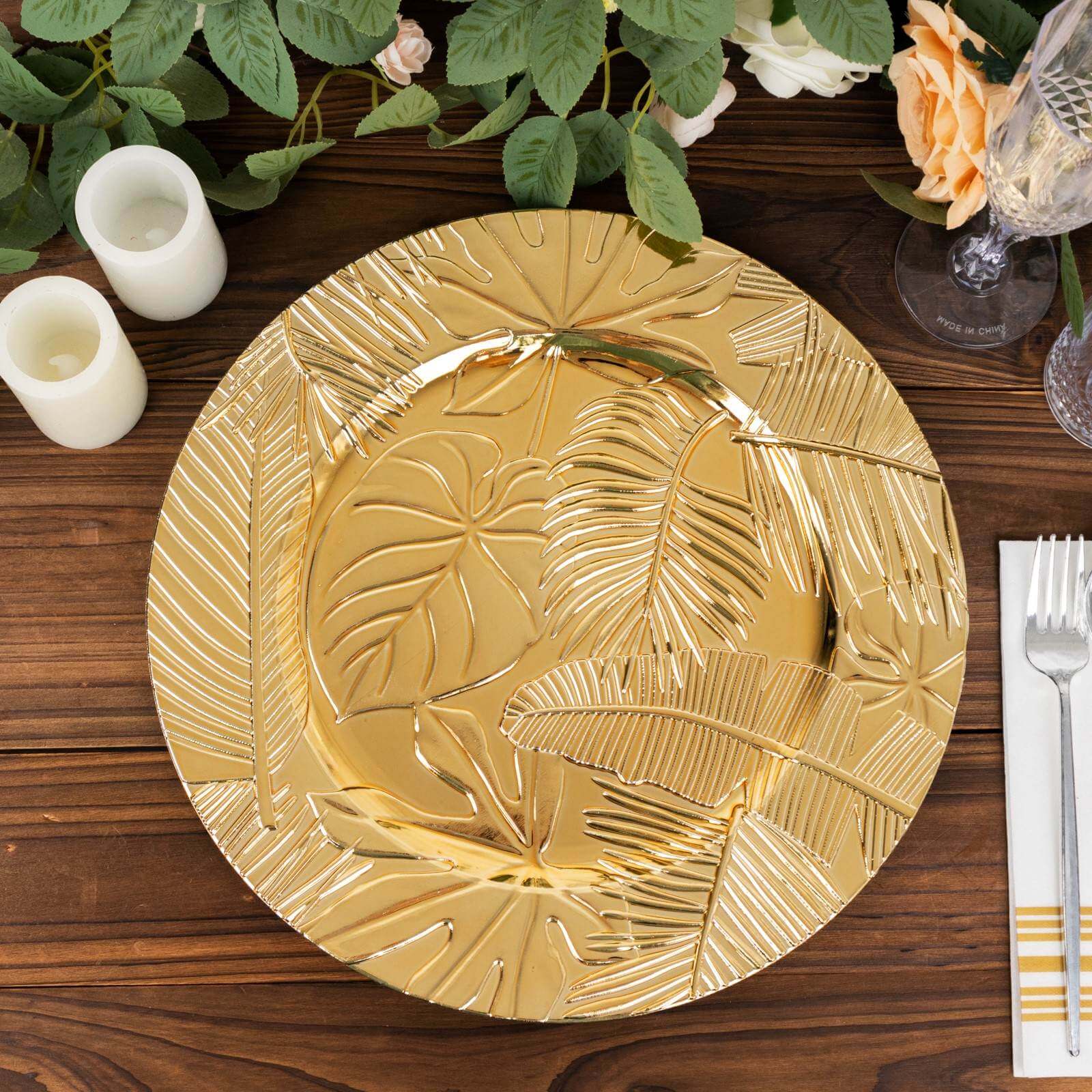 6-Pack Acrylic Round Charger Plates 13 in Metallic Gold with Embossed Tropical Leaves, Decorative Dinner Charger Tableware