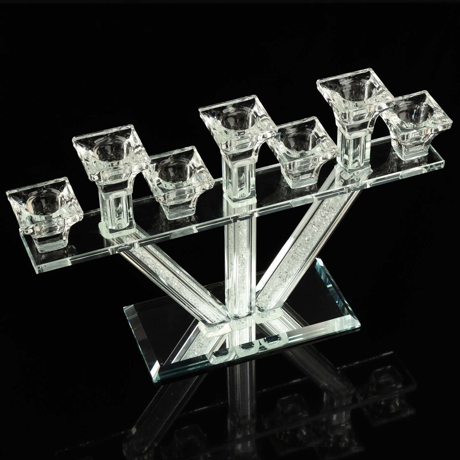 Crystal Glass Candelabra, 7-Branch Taper Candle Stick Holder Stand Table Centerpiece With Crystal Filler and Mirror Base 12