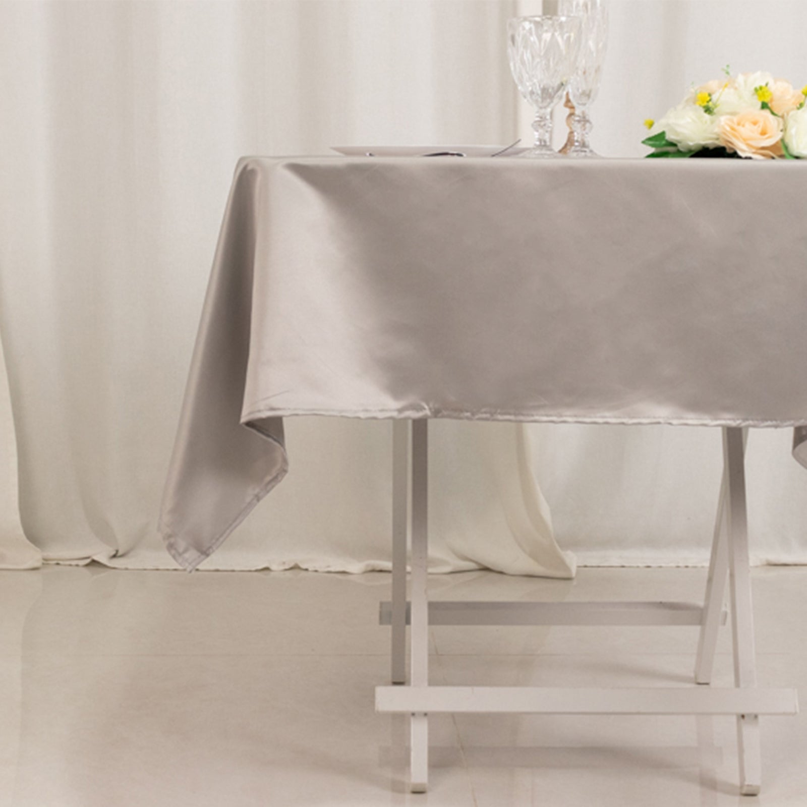 Lamour Satin 54x54 Square Tablecloth Silver - Durable & Silk-Like Table Cover