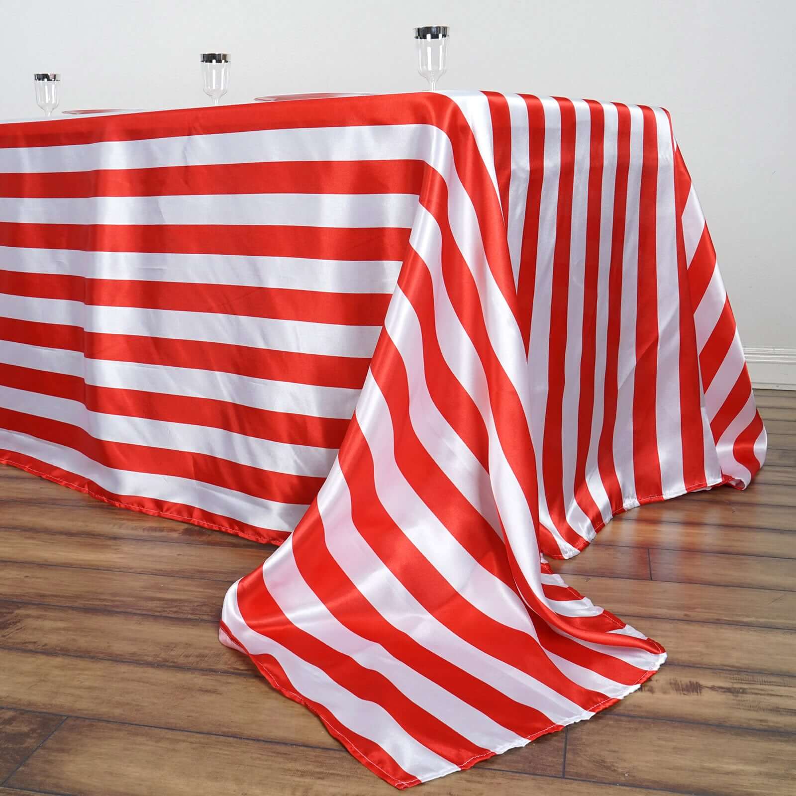 Satin 90x132 Rectangle Tablecloth Red/White - Stripe Design with Seamless Silky Smooth Finish Table Cover