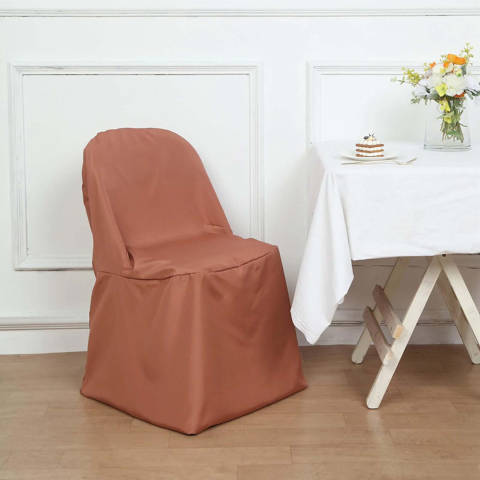 10 Pack Polyester Chair Covers for Folding Chairs Terracotta (Rust) - Wrinkle-Free Stain-Resistant Slip-On Slipcovers