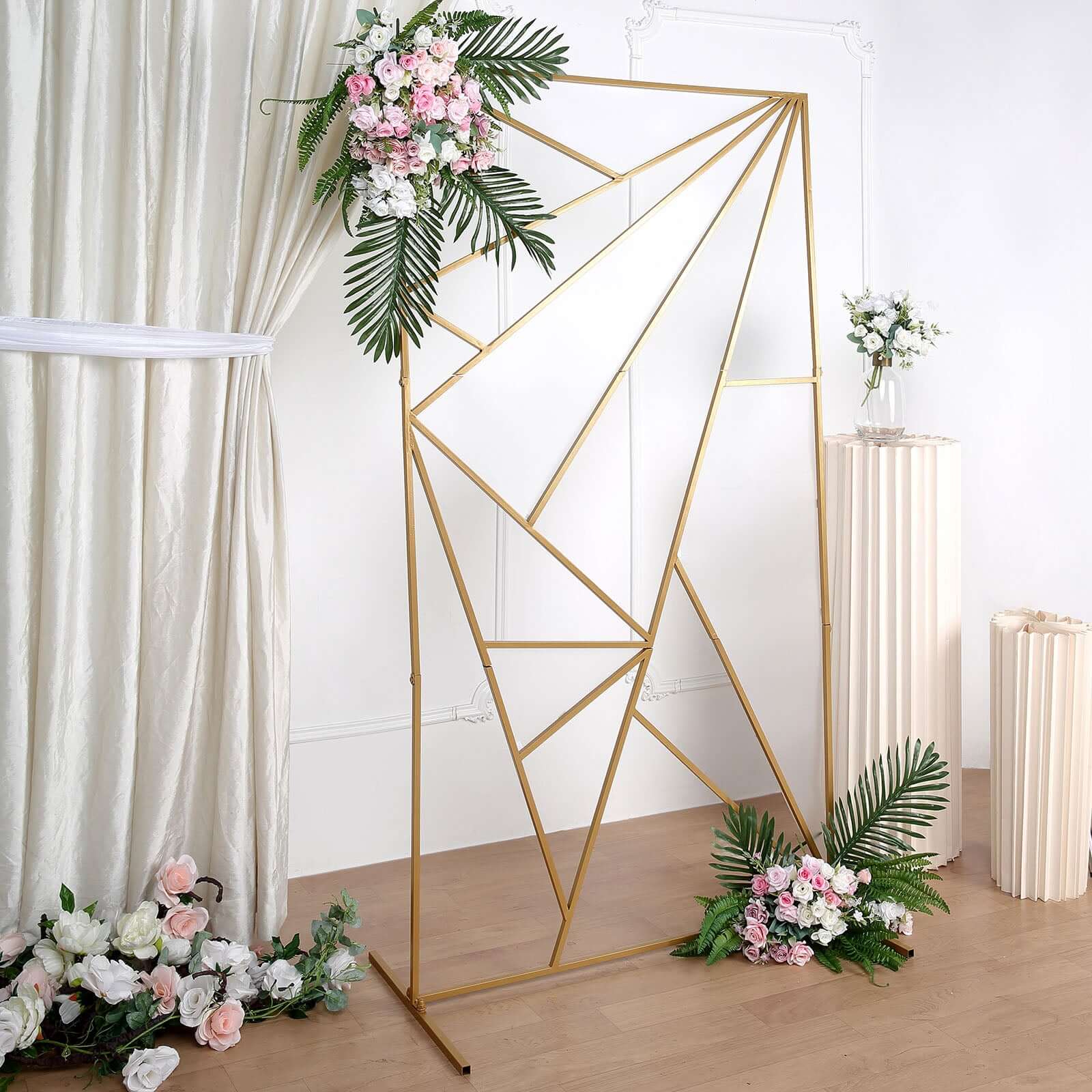 6ft Tall Gold Metal Rectangular Geometric Flower Frame Prop Stand, Wedding Backdrop Floor Stand With Cloudy Film Insert