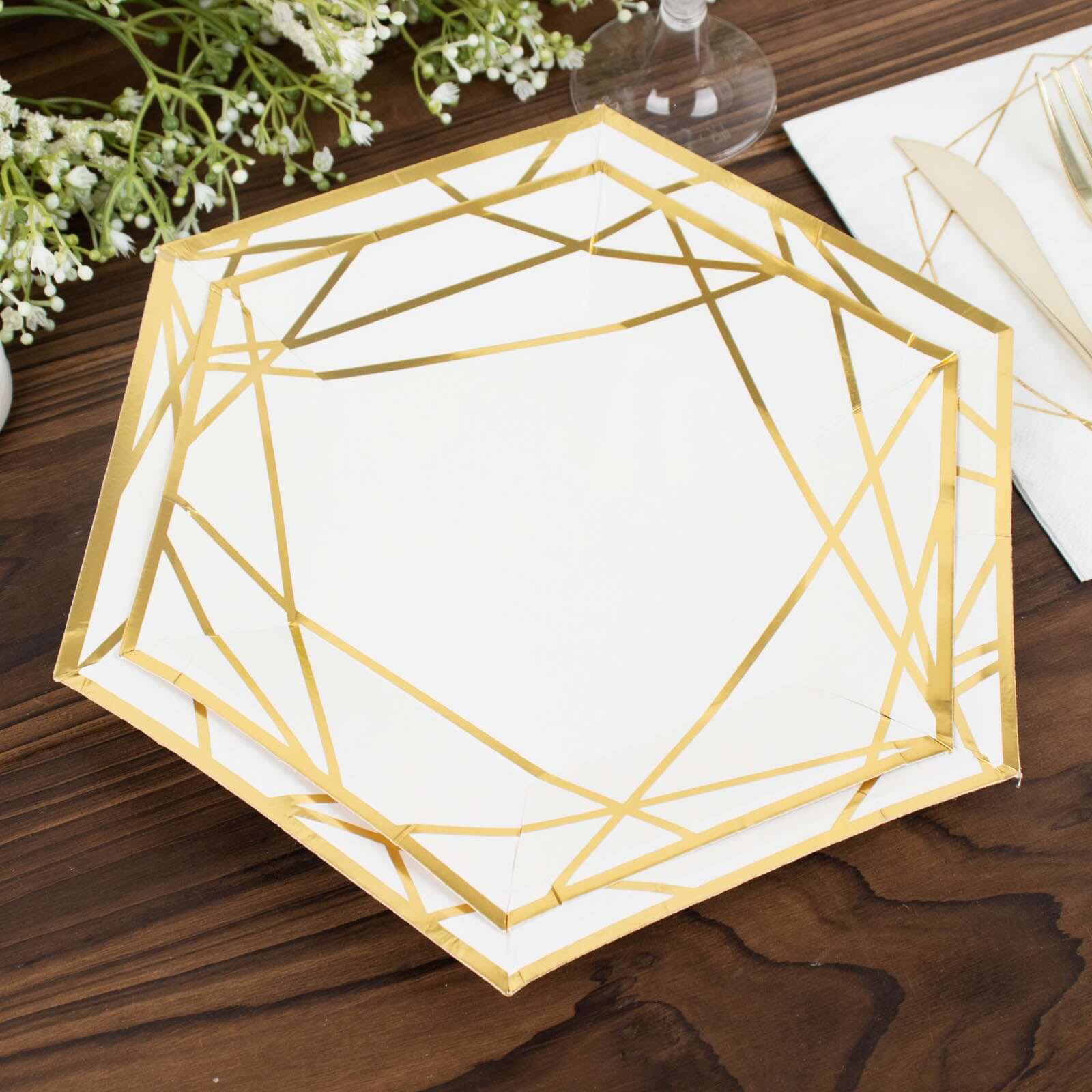 25-Pack Paper 7 Hexagon Dessert Plates in White with Gold Geometric Lines & Rim - Stylish Disposable Geometric 300GSM Appetizer Salad Plates for Events & Banquets