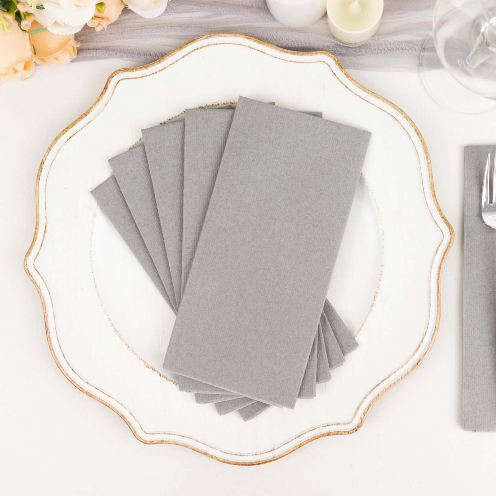 20-Pack Paper Linen-Like Napkins Silver - Disposable Hygienic Airlaid Guest Towels 8.5x4