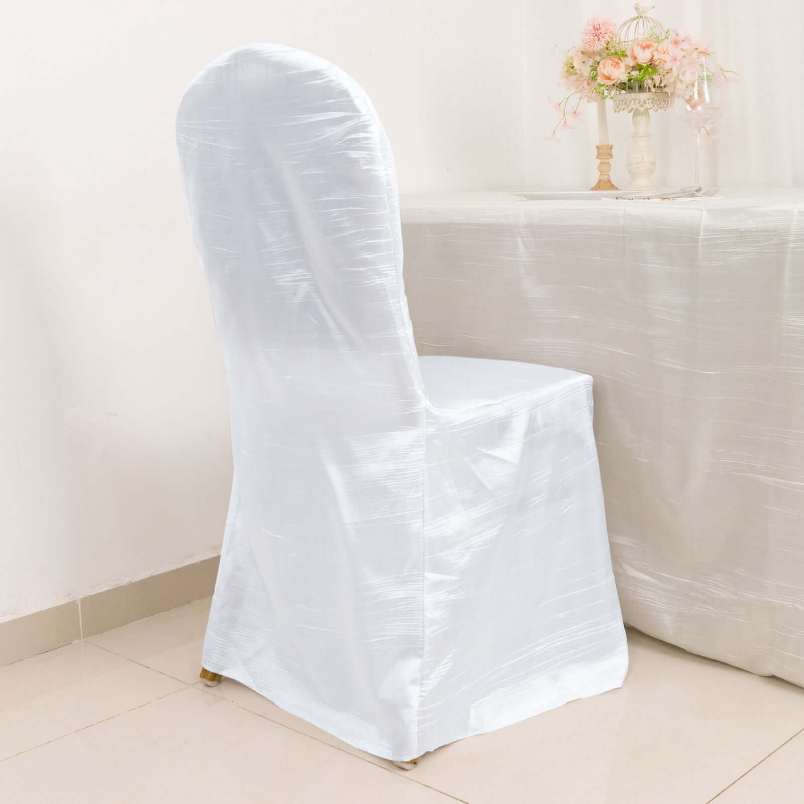 Crinkle Crushed Taffeta Chair Cover for Banquet Chairs White - Reusable Chic Wedding Decor