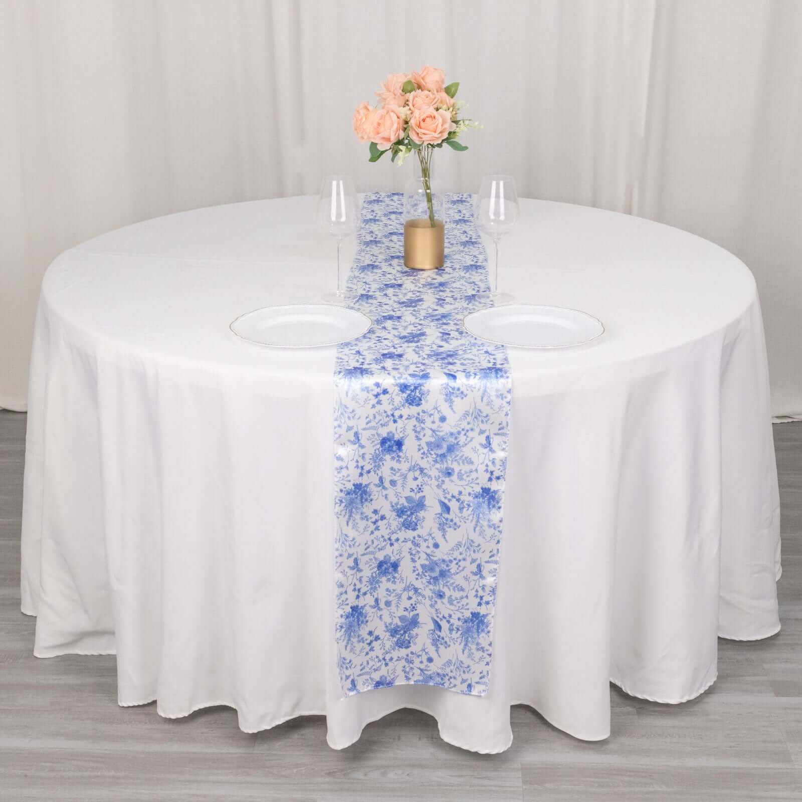 Satin 12x108 Table Runner White with Blue French Toile Floral Pattern - Refined Style for Upscale Events