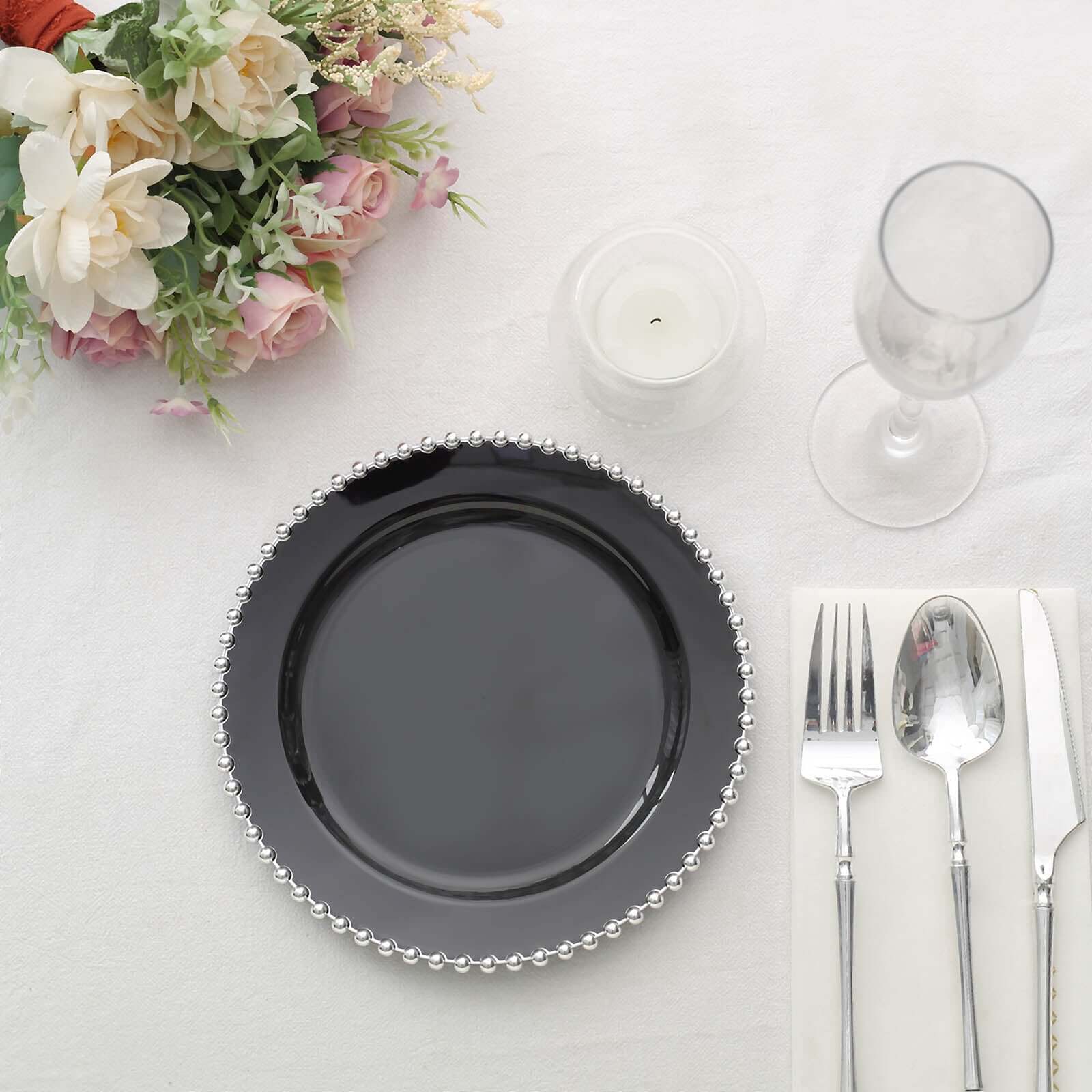 10-Pack Plastic 8 Round Appetizer Dessert Plates in Black with Silver Beaded Rim - Disposable Salad Plates