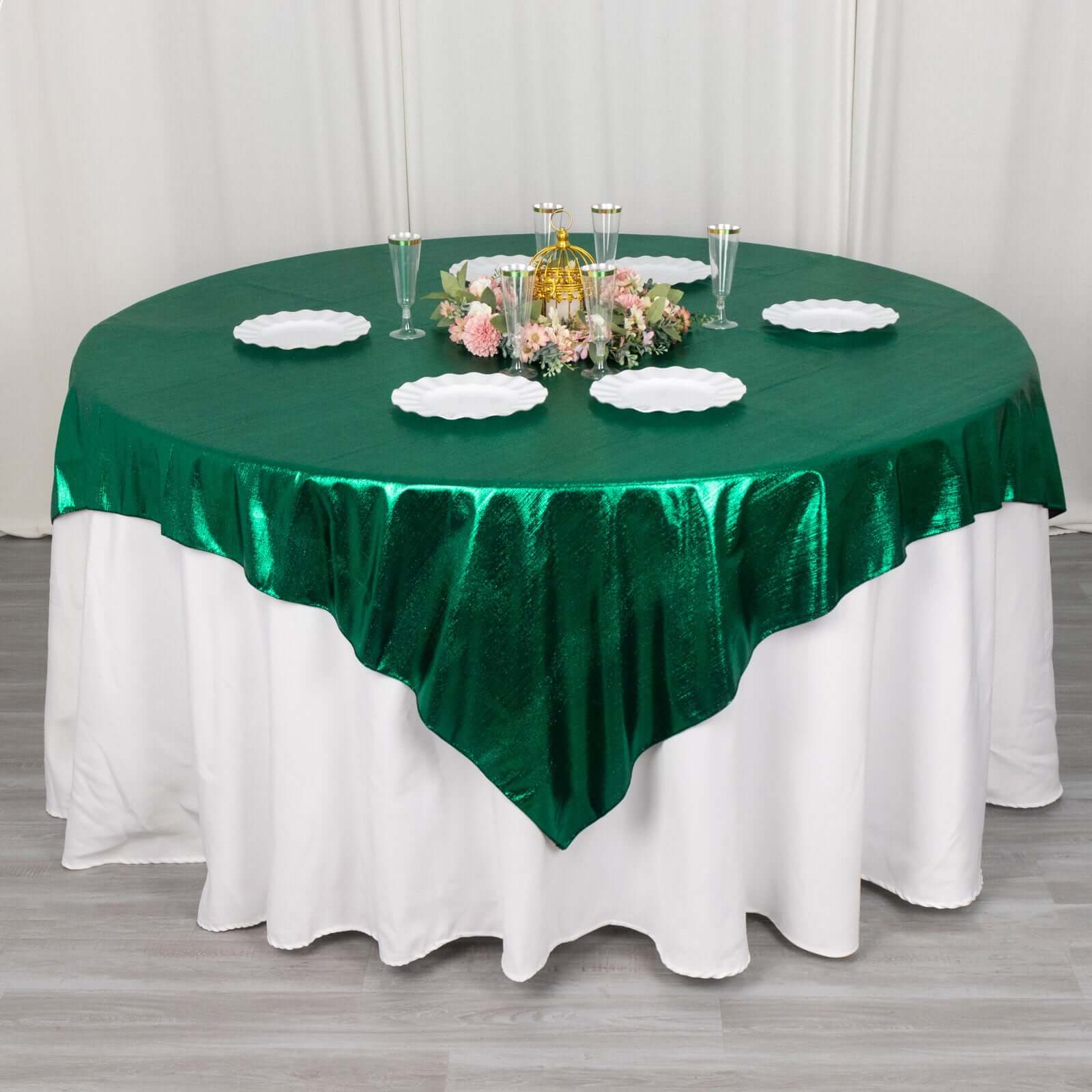 Polyester 72x72 Table Overlay Square Tablecloth Hunter Emerald Green - Sequin Dots Wrinkle-Free Table Cover