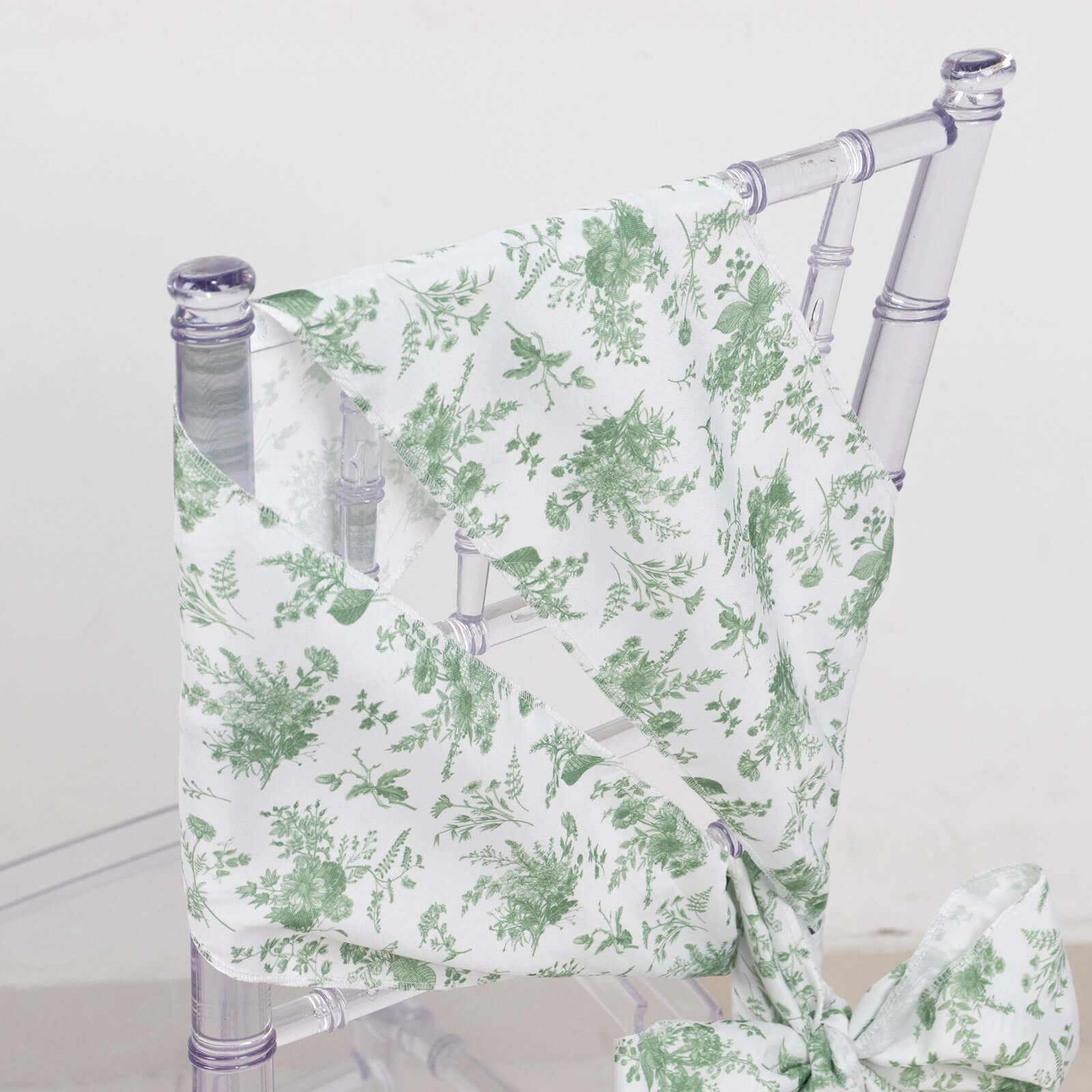 5 Pack Polyester Chair Sashes Dusty Sage Green French Toile Floral Design - Stylish Durable and Reusable Chair Bows 6x108