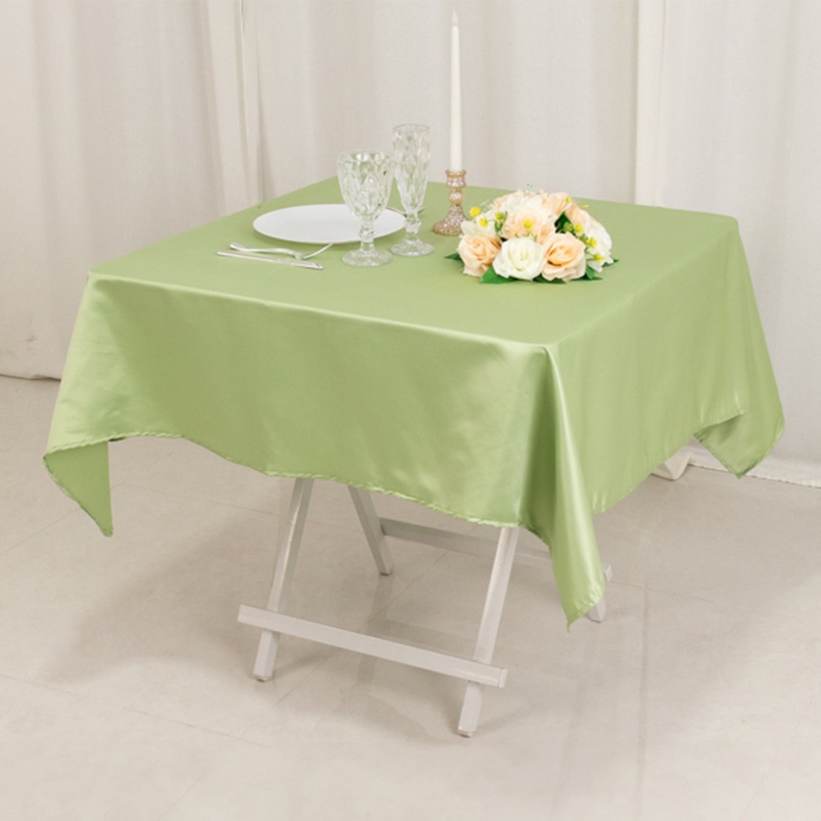 Lamour Satin 54x54 Table Overlay Square Tablecloth Sage Green - Durable & Silk-Like Table Cover