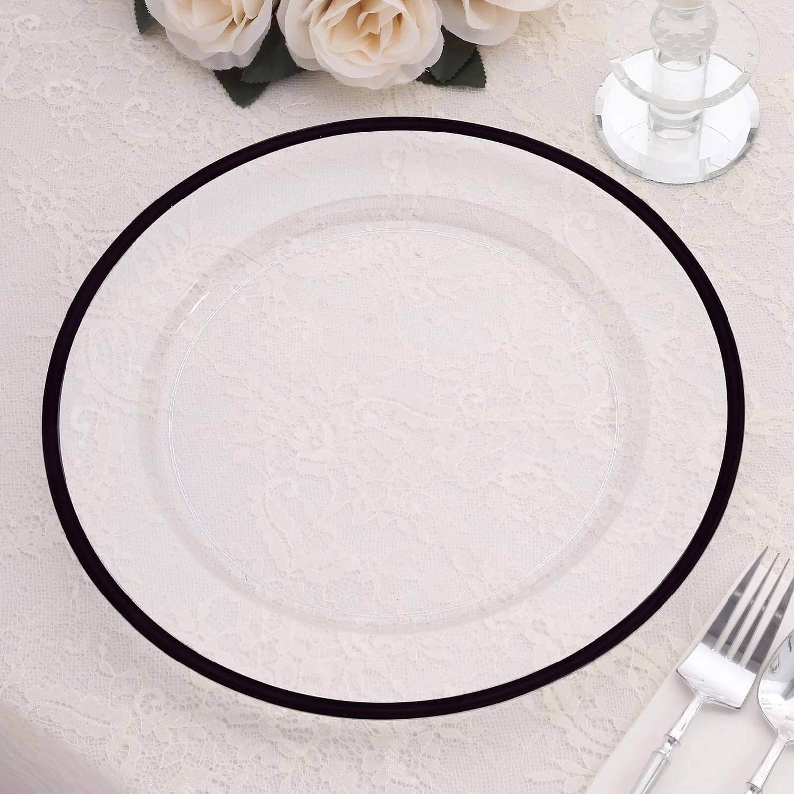 10-Pack Economy Plastic Round Charger Plates 12 in Clear with Wide Black Rim, Decorative Dinner Party Serving Plates