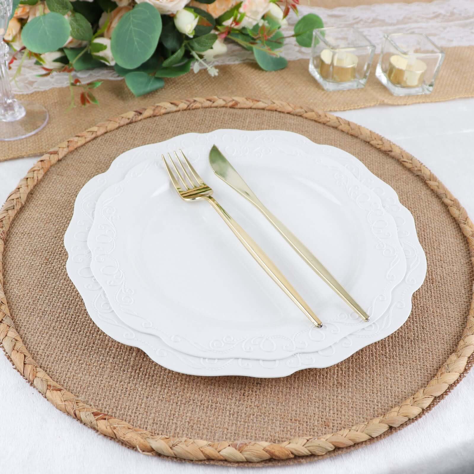 4-Pack Placemats Braided Edge Design Natural Burlap Jute Round - Rustic Farmhouse Style with Trim 15