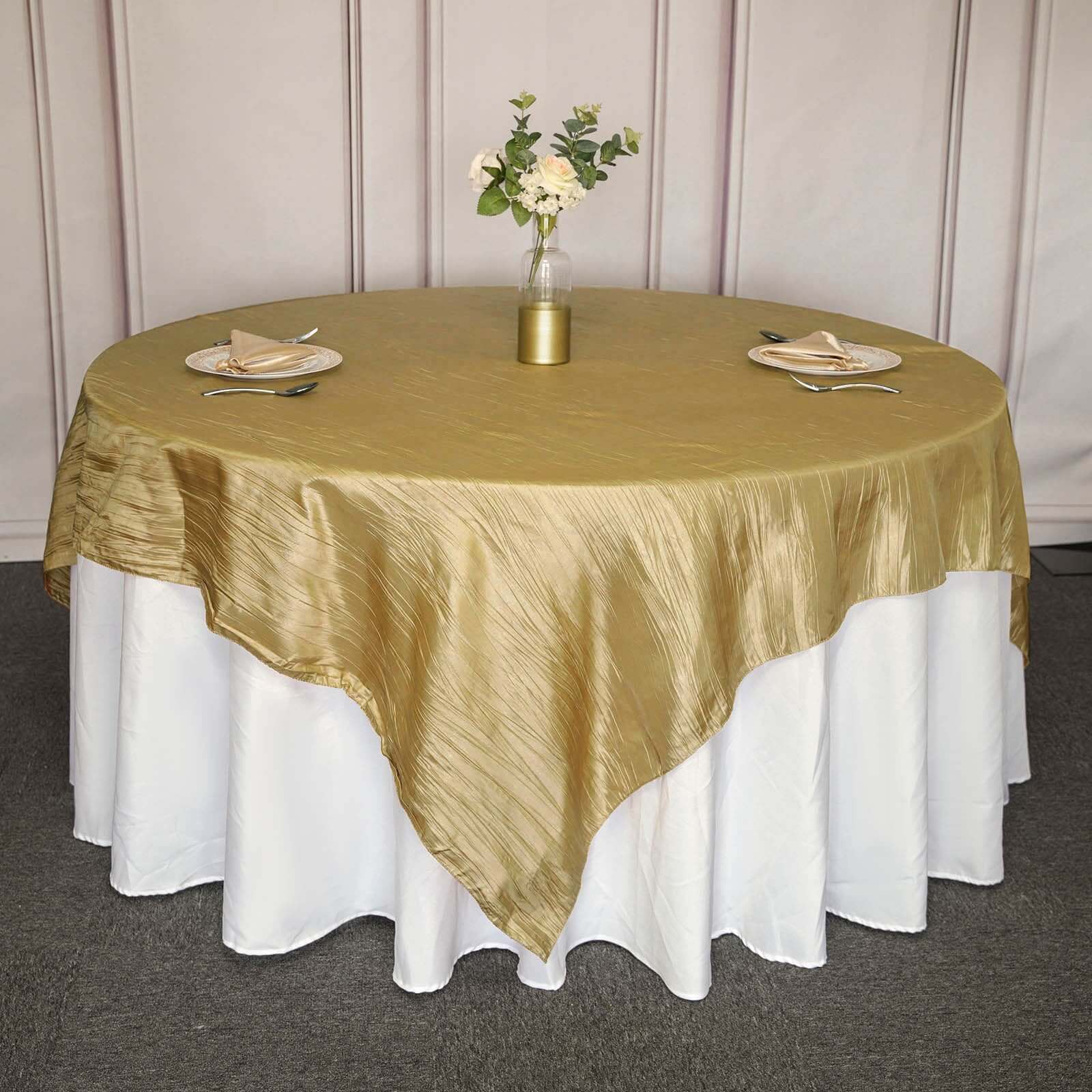 Taffeta 90x90 Table Overlay Square Tablecloth Gold - Accordion Crinkle Design for Modern Celebrations