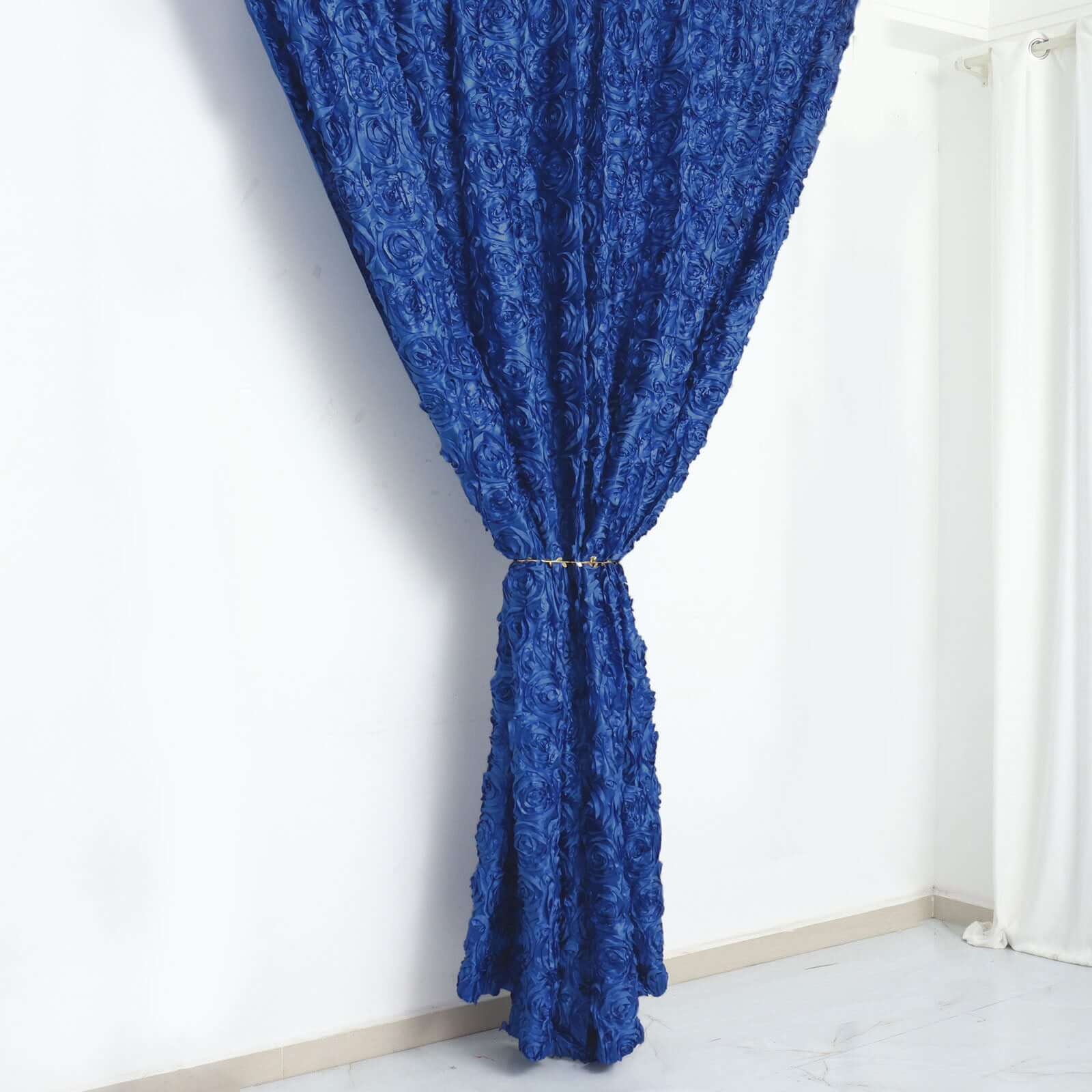 8ftx8ft Royal Blue Satin Rosette Event Curtain Drapes, Backdrop Event Panel