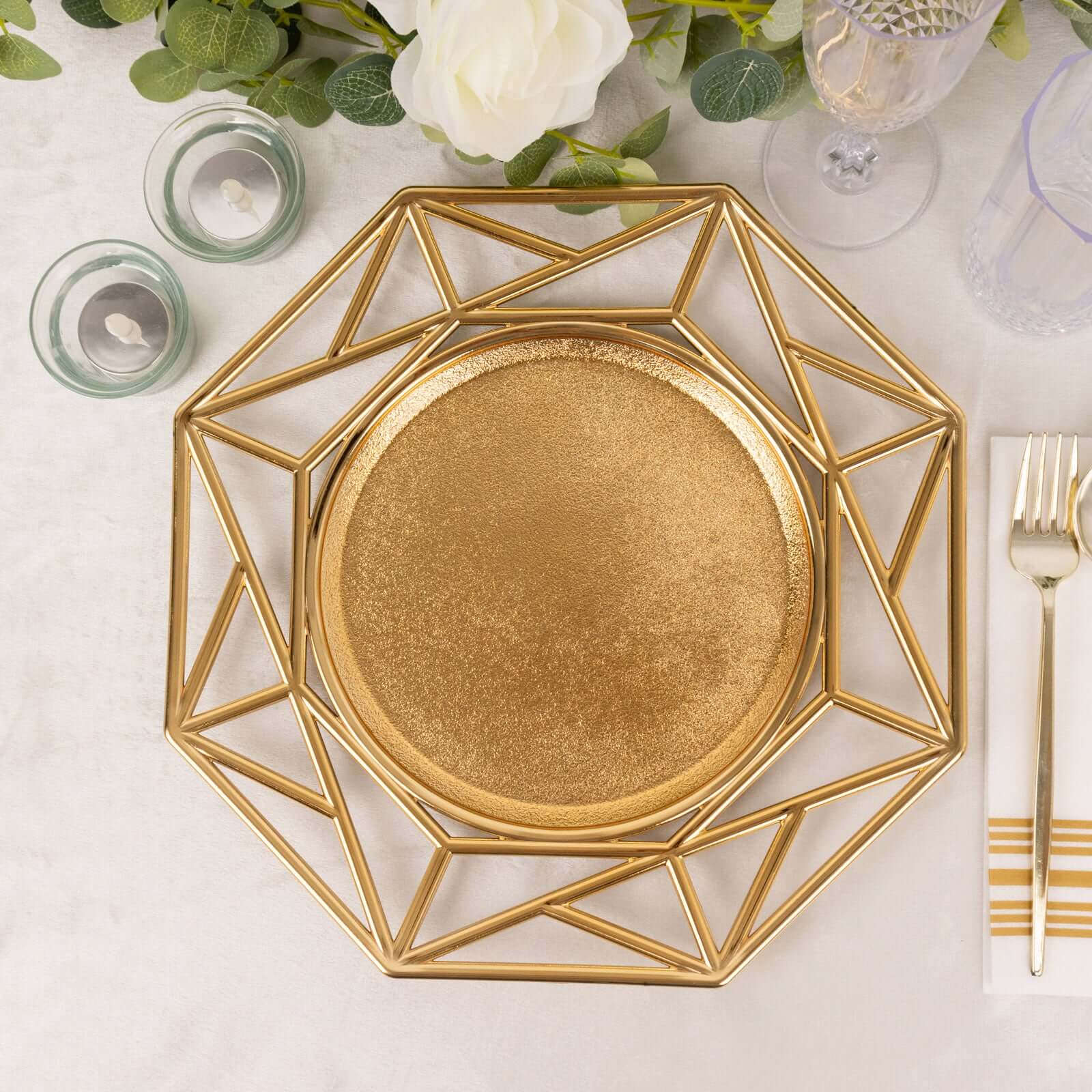 6-Pack Acrylic Octagon Charger Plates 13 in Metallic Gold with Hollow Geometric Rim, Plastic Disposable Decorative Chargers