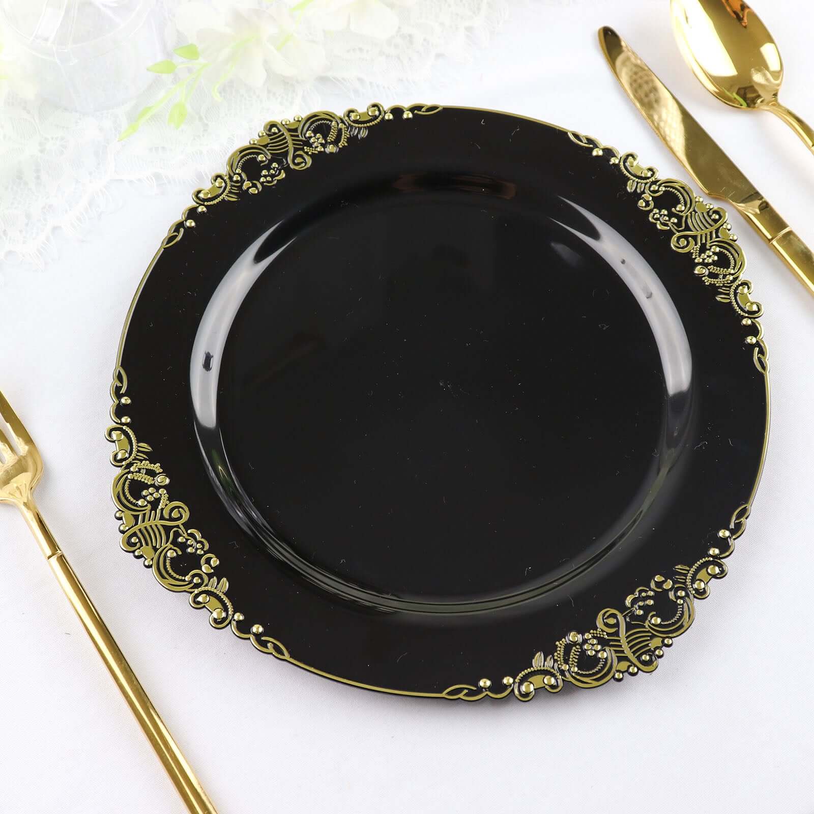 10-Pack Plastic 10 Round Dinner Plates in Black with Gold Leaf Embossed Rim - Disposable Vintage Baroque Style Plates for Luxurious Gatherings & Events