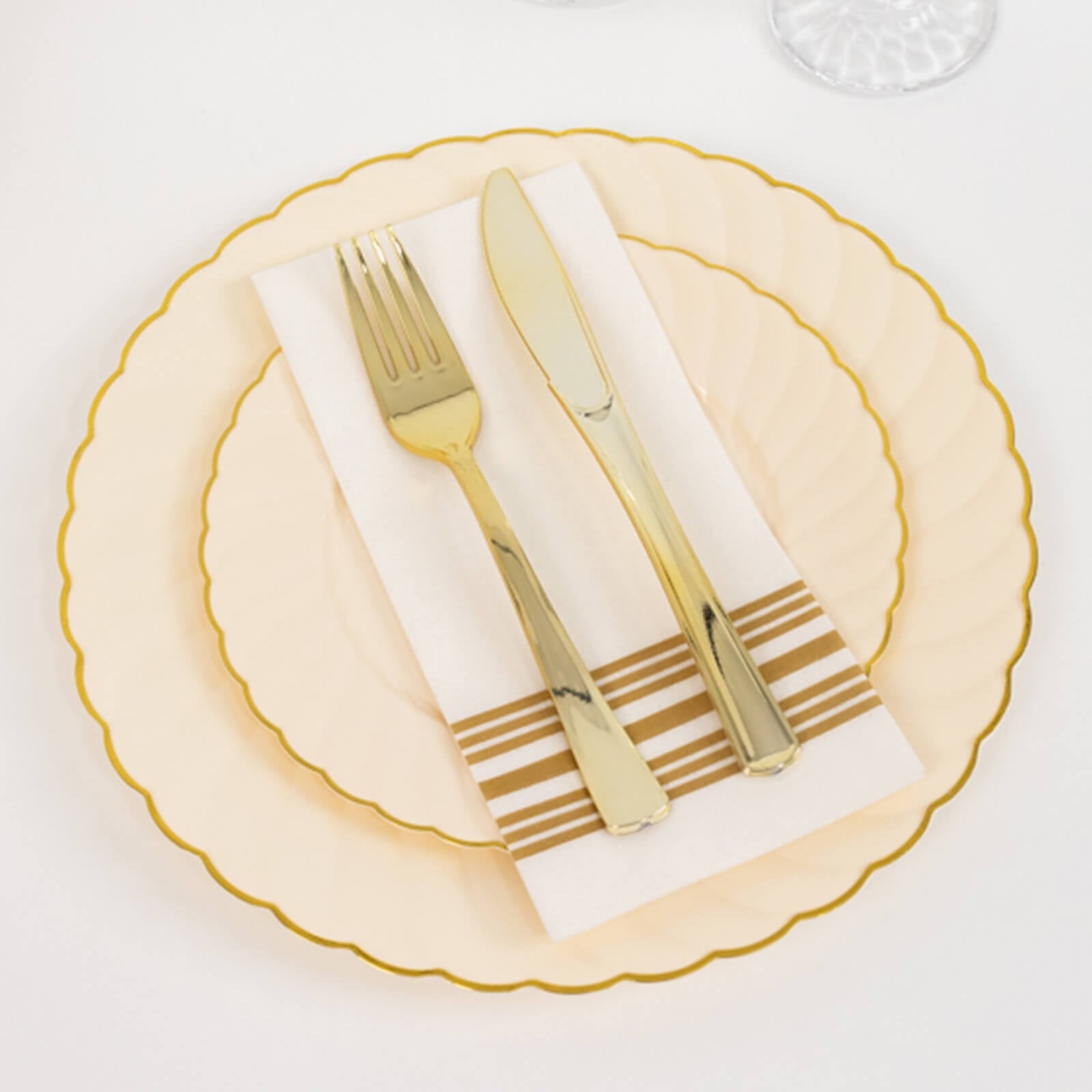 10-Pack Plastic 7.5 Round Salad Dessert Plates in Ivory with Gold Flair Rim - Disposable Party Plates