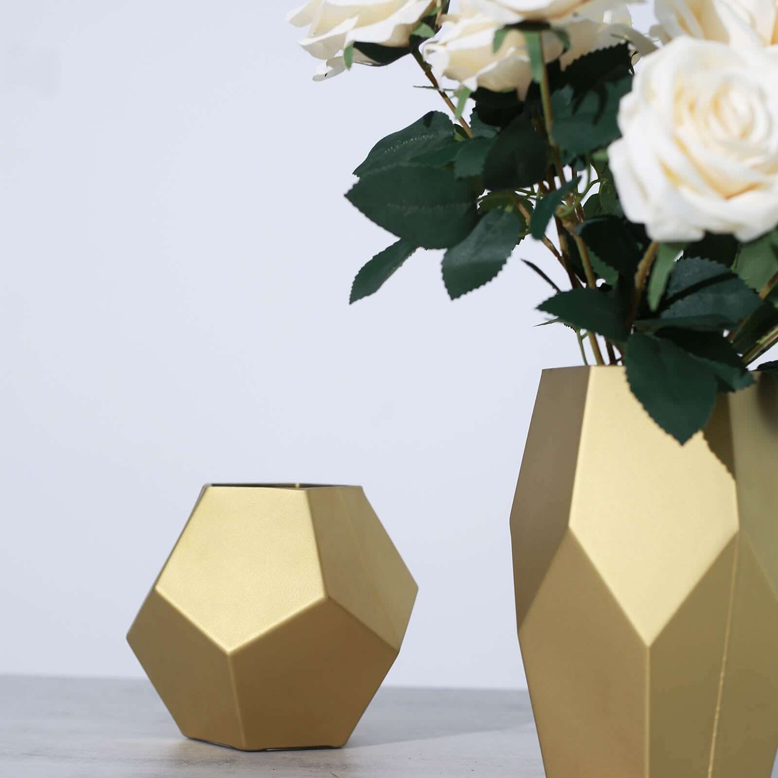 Set of 2 Glass Flower Vases Geometric Design Matte Gold - Stylish Modern Candle Holder Centerpieces 5, 8