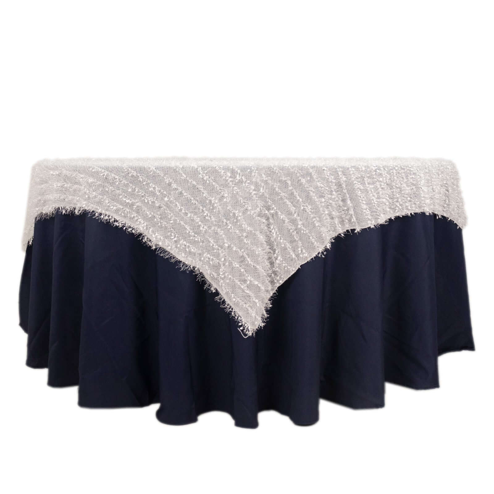 Polyester 72x72 Table Overlay Square Tablecloth White Fringe Shag Design for Stylish Celebrations