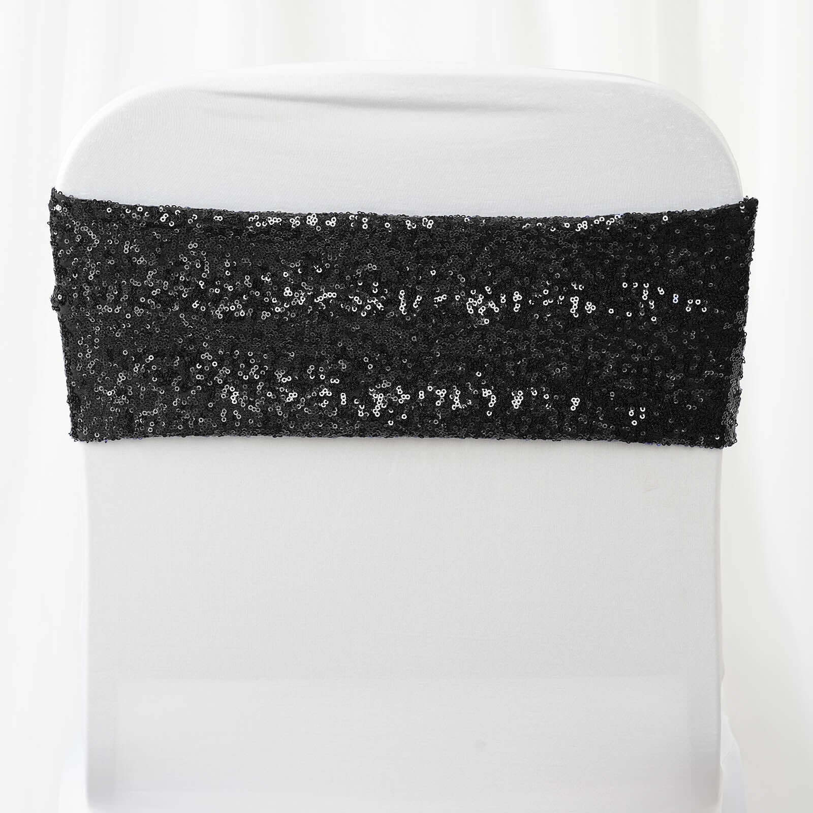 5 Pack Sequin Spandex Chair Sashes Black - Sparkly Stretch Chair Bands for Glamorous Events 6x15