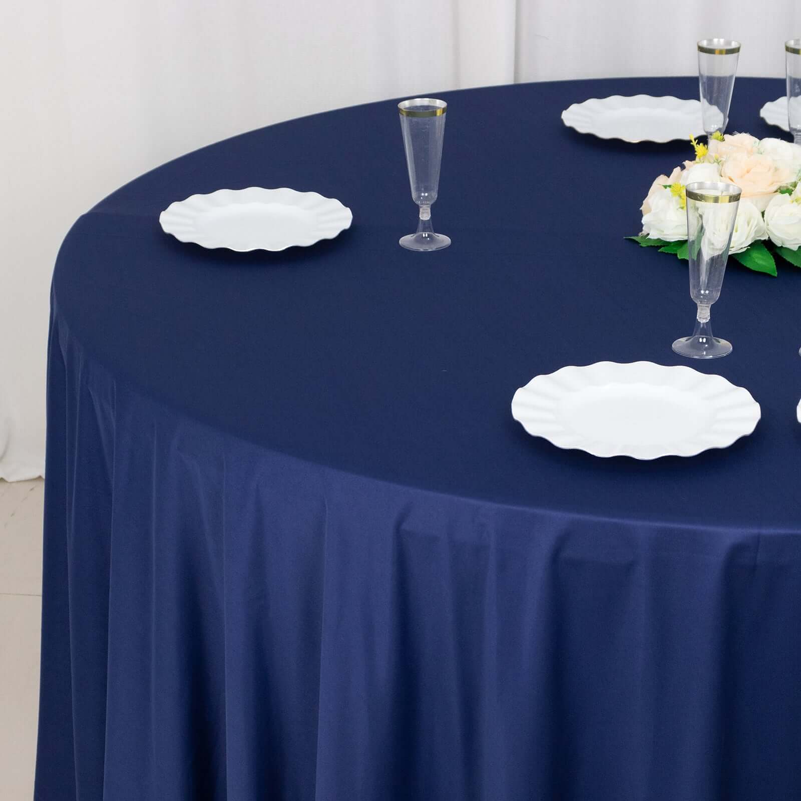 Premium Scuba Round 120 Tablecloth Navy Blue - Wrinkle Free & Stain Resistant Seamless Table Cover