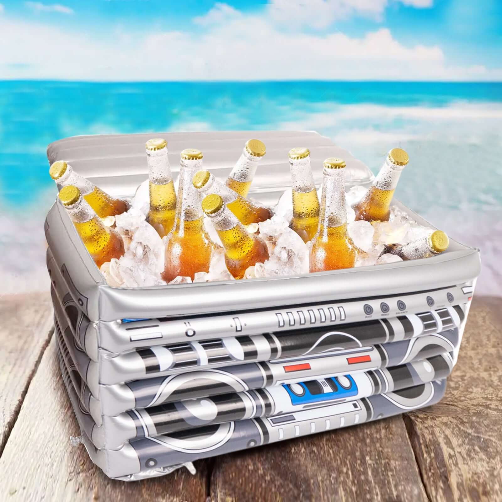 Silver Inflatable Ice Beverage Cooler with 80's Boom Box Design - Party Drink Container for Pool Events 24x12