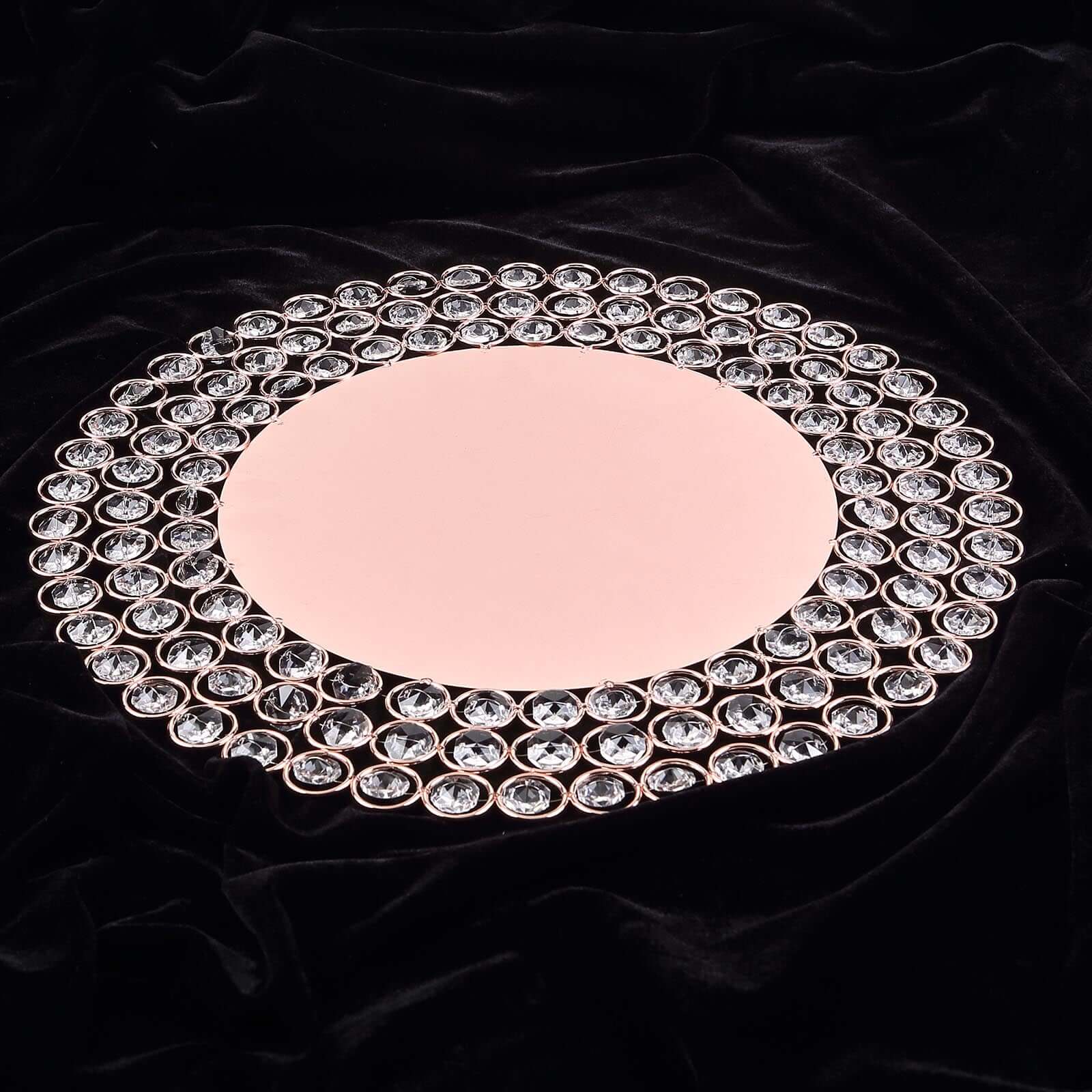 Wired Metal Round Charger Plate 14 in Rose Gold with Acrylic Crystal Beads, Glamorous Decorative Dinner Charger Tableware