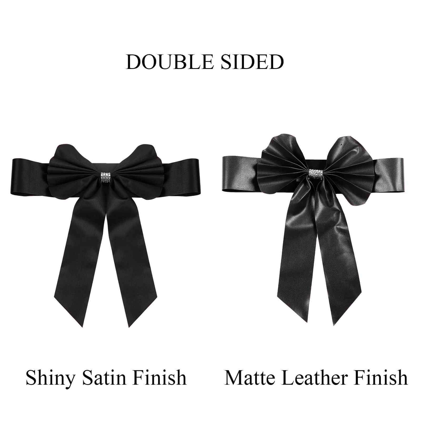 5 Pack Satin Faux Leather Chair Sashes Black - Durable Double Sided Pre-tied Bow Tie Chair Bands with Diamond Rhinestone Buckles Luxurious Party Decor