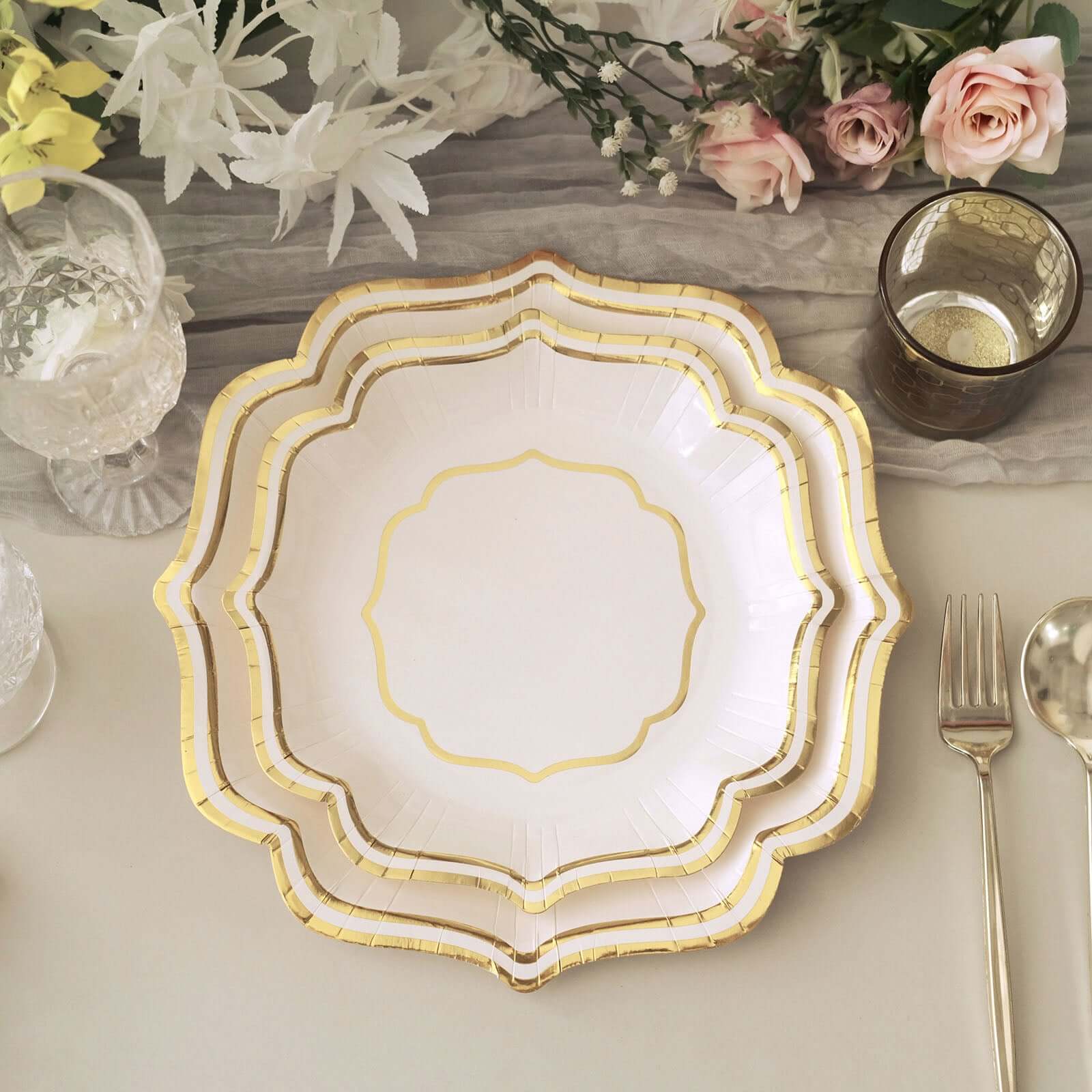 25-Pack Paper Dessert Plates in White with Gold Scallop Rim - Disposable 300GSM Appetizer Salad Plates for Classy Banquets & Celebrations 8