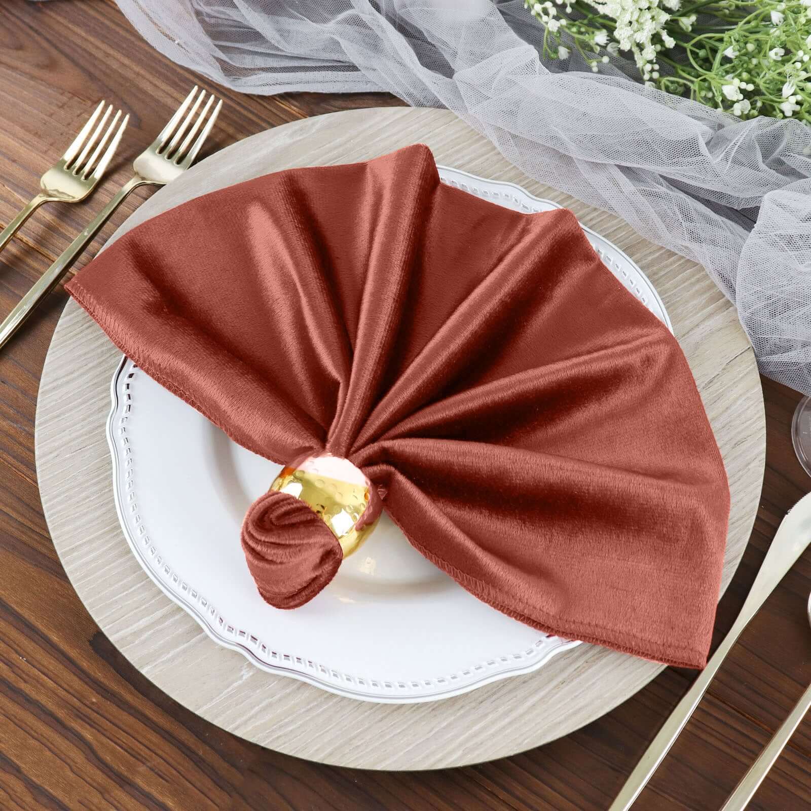 5 Pack Premium Velvet 20x20 Napkins Terracotta (Rust) - Soft Sheen Finish Cloth Napkins