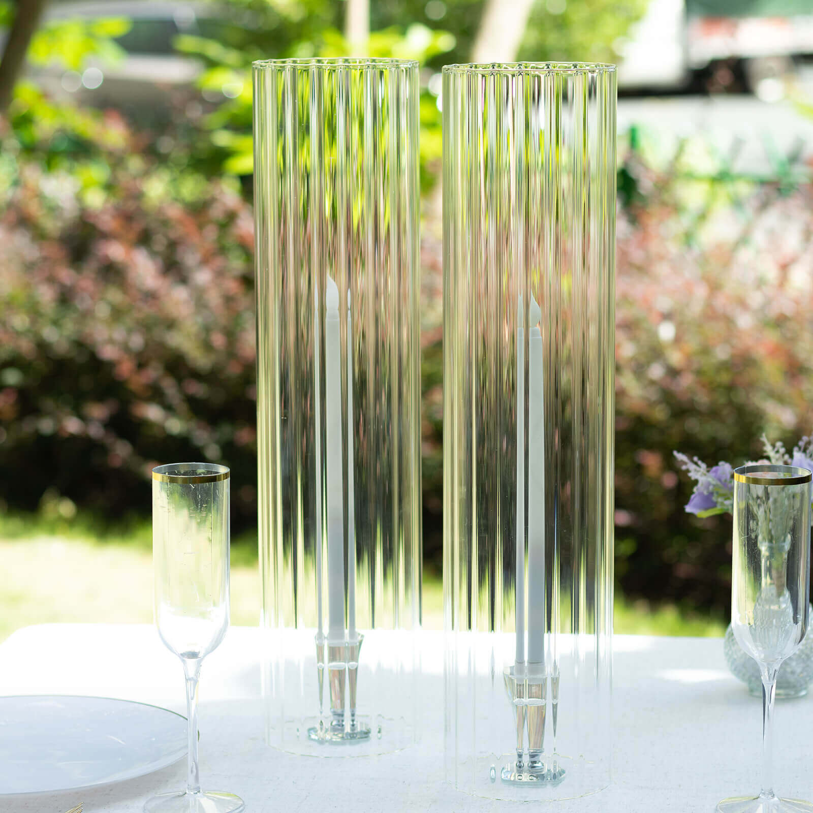 2-Pack Clear Ribbed Glass Hurricane Shades Open End Design - Stylish Candelabra Pillar Candle Holder Table Centerpiece 20