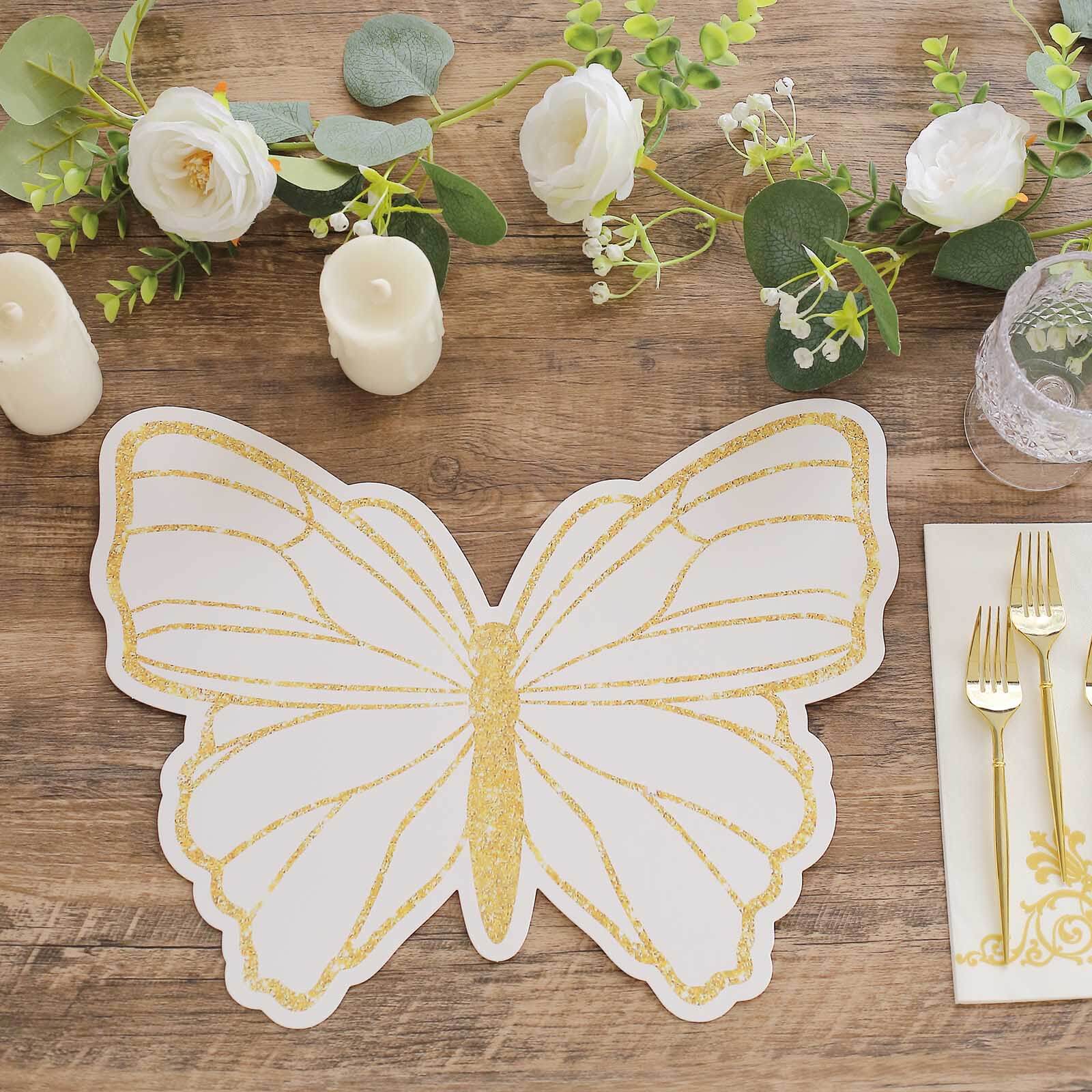 10-Pack Disposable Table Placemats with White Butterfly Design & Gold Glitters - 400GSM Cardboard Placemats for Kids' Parties, Baby Showers & Celebrations 14