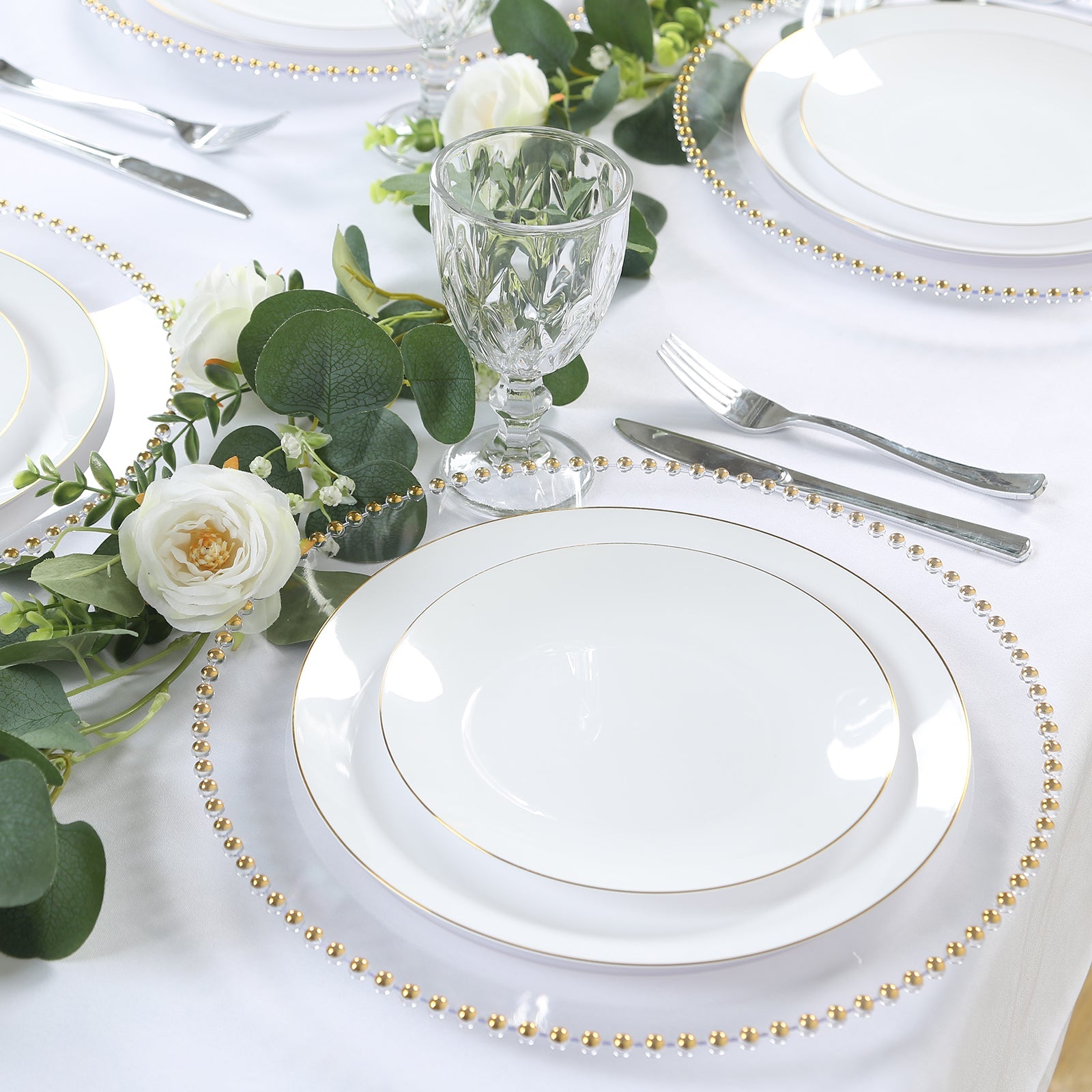 10-Pack Economy Round Plastic Charger Plates 13 in Clear with Gold Beaded Rim, Stylish Dinner Party Serving Plates