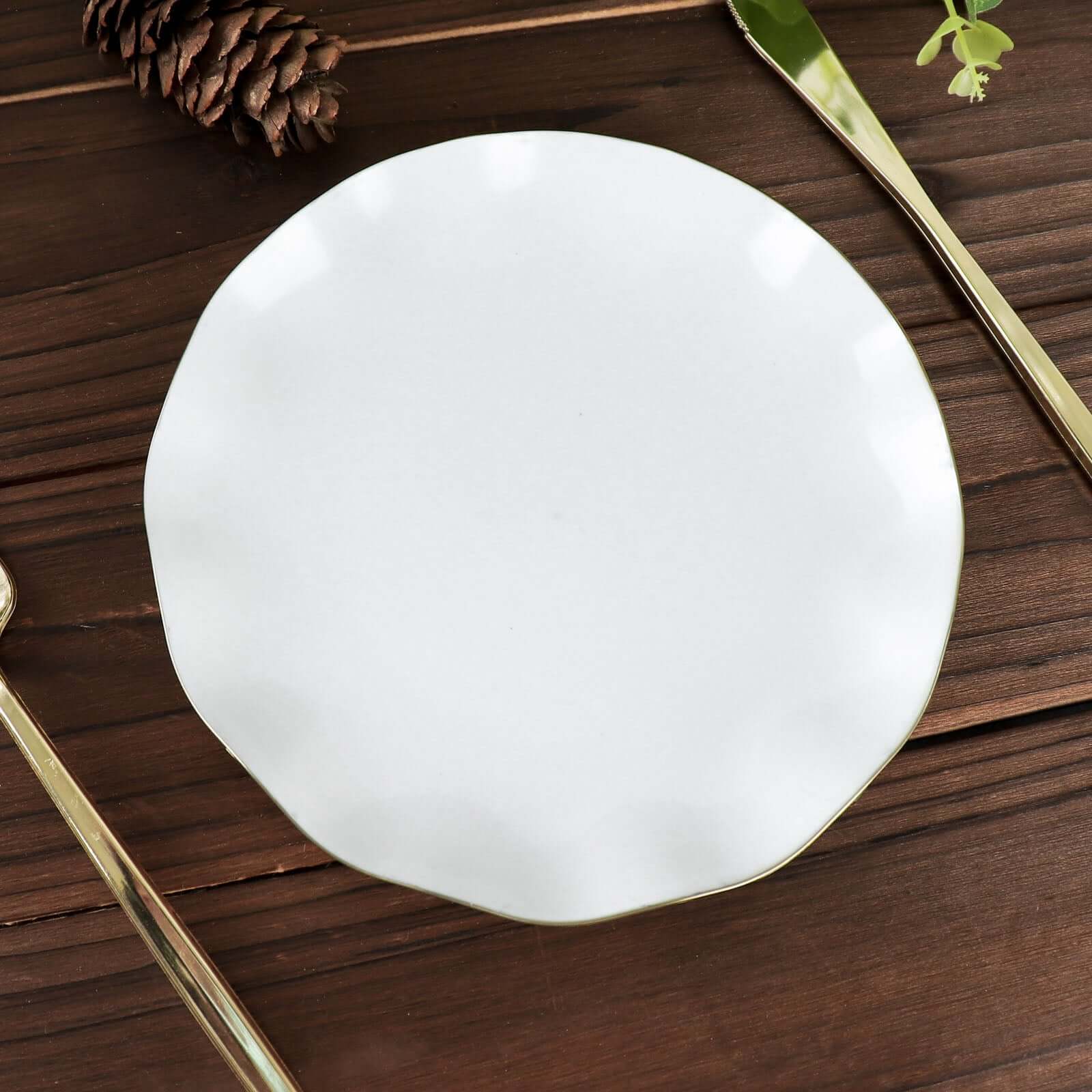 10-Pack Plastic Round 6 Dessert Plates in White Ruffled Rim with Gold Edging - Sturdy Disposable Salad Appetizer Dinnerware for Classy Events & Banquets