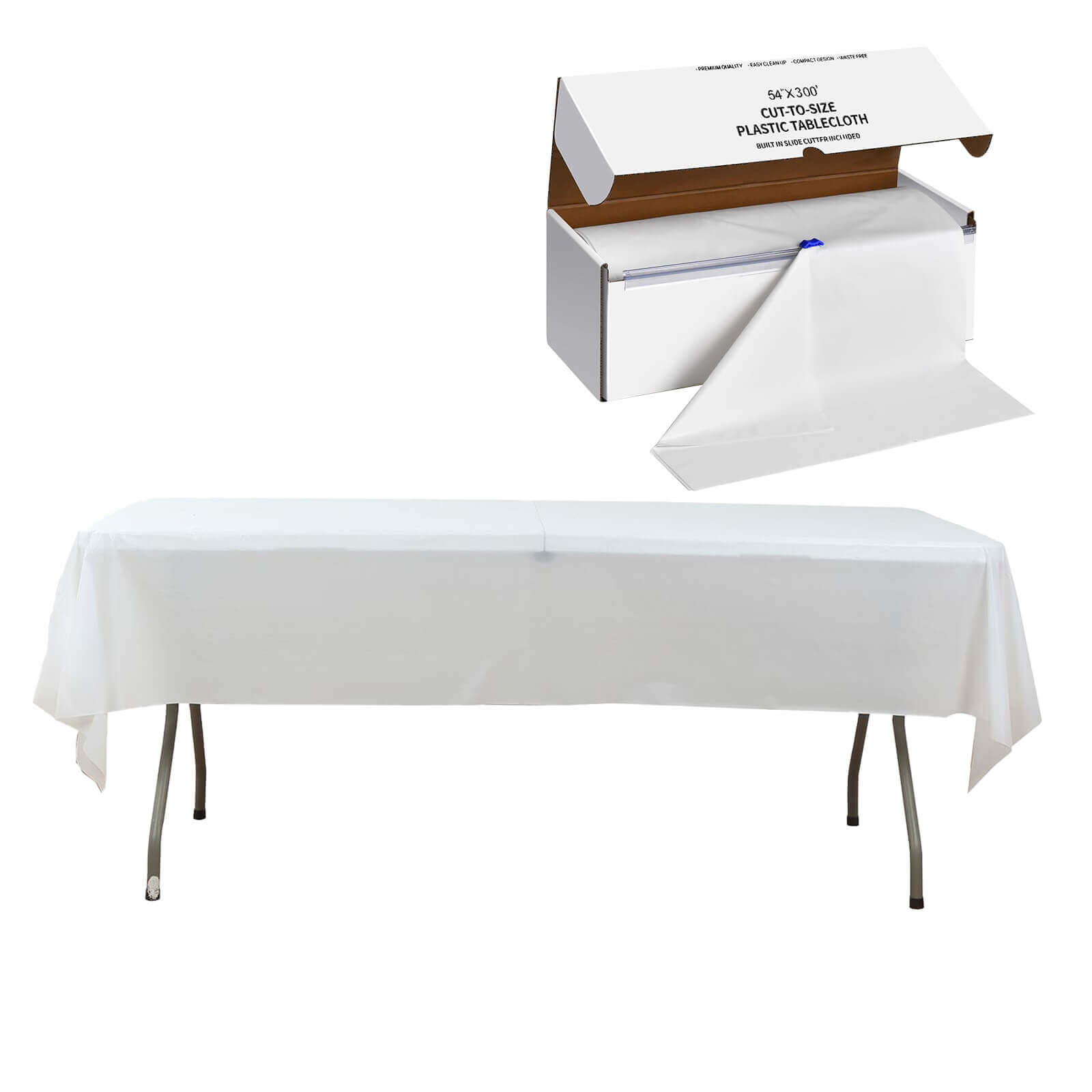 Plastic Table Cover Roll White with Slide Cutter - Customizable Disposable Tablecloth Roll 54x300ft