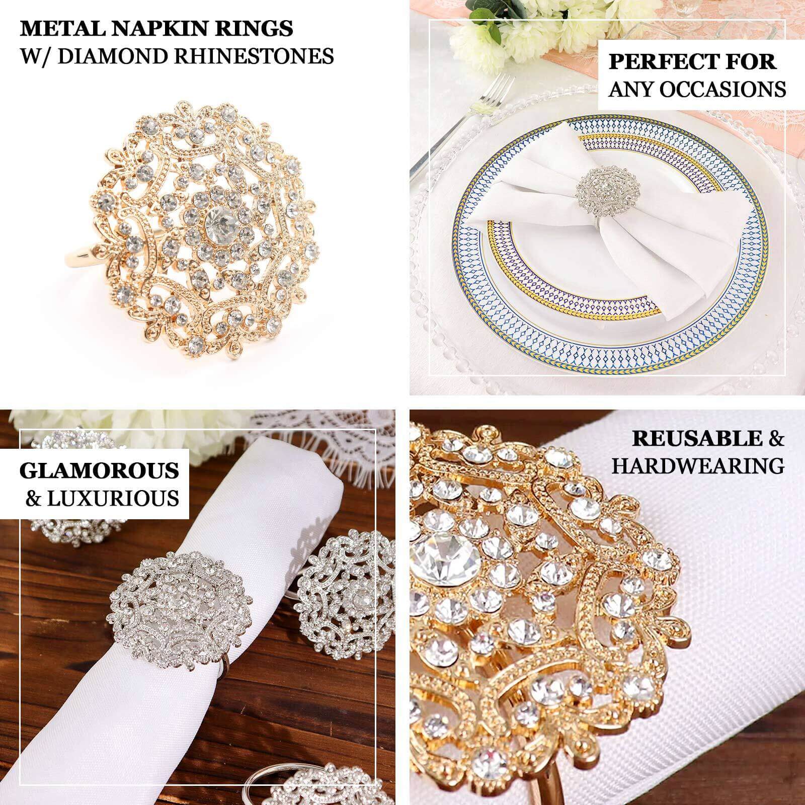 4 Pack Diamond Rhinestone Gold Metal Flower Napkin Rings, Decorative Napkin Buckle Holders