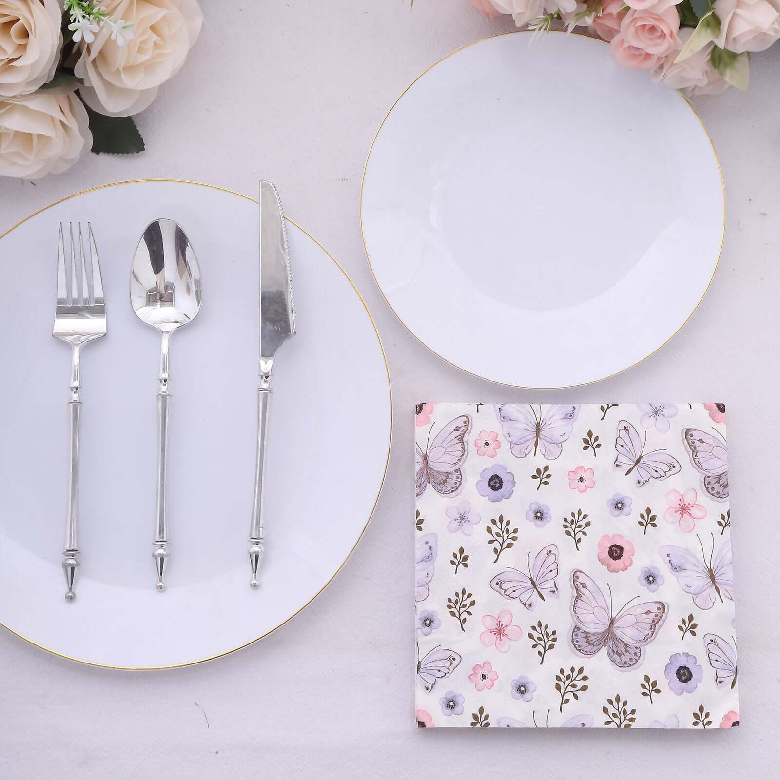 50-Pack Paper Beverage Napkins with Lavender Butterfly Floral Design Ivory - 2 Ply Soft 18GSM Garden Wedding Napkins 6.5x6.5