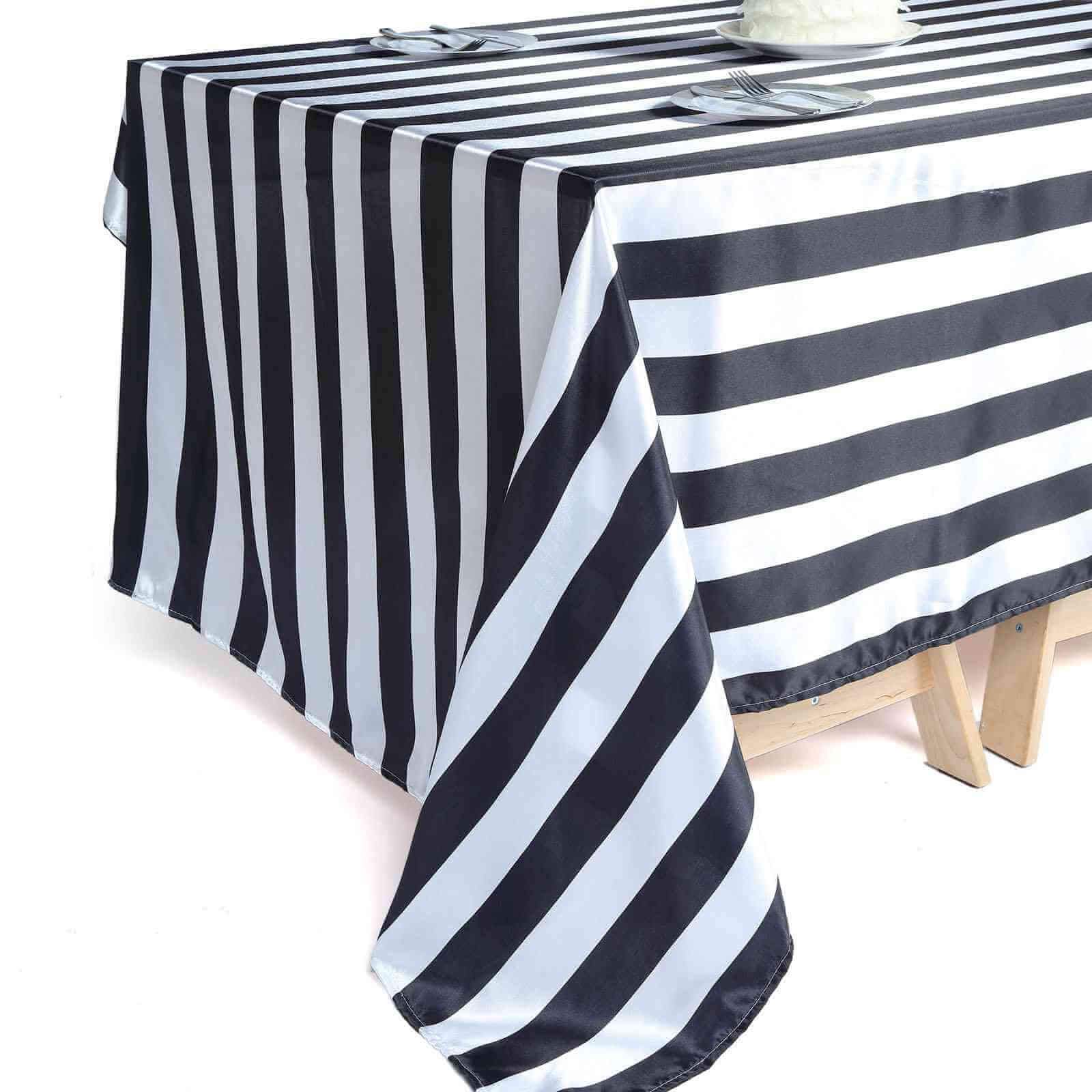 Satin 60x102 Rectangle Tablecloth Black/White - Stripe Design with Stylish Smooth Finish Table Cover