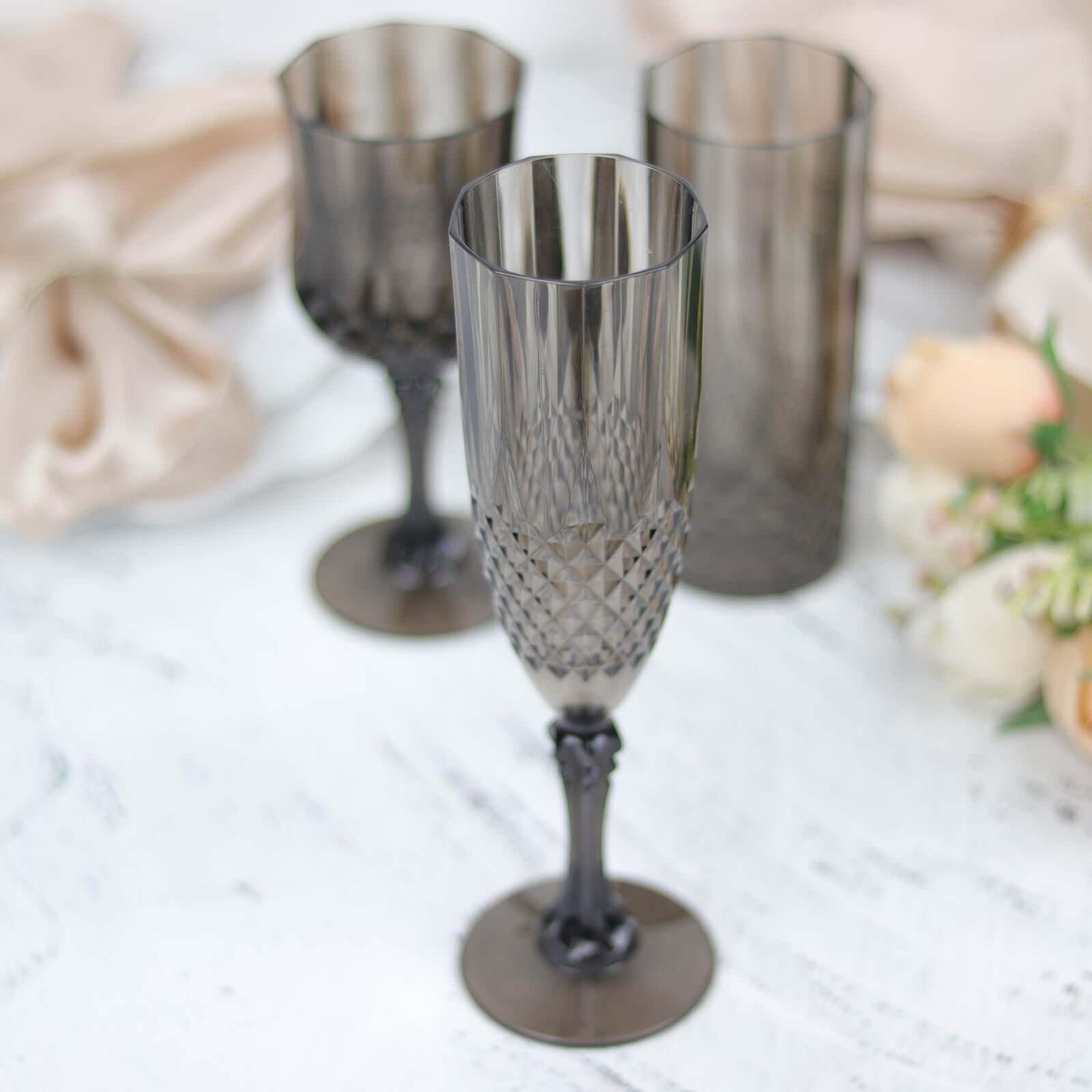 6-Pack Plastic Wedding Toast Flutes Black Transparent Crystal Cut Style - Reusable Champagne Glasses 8oz