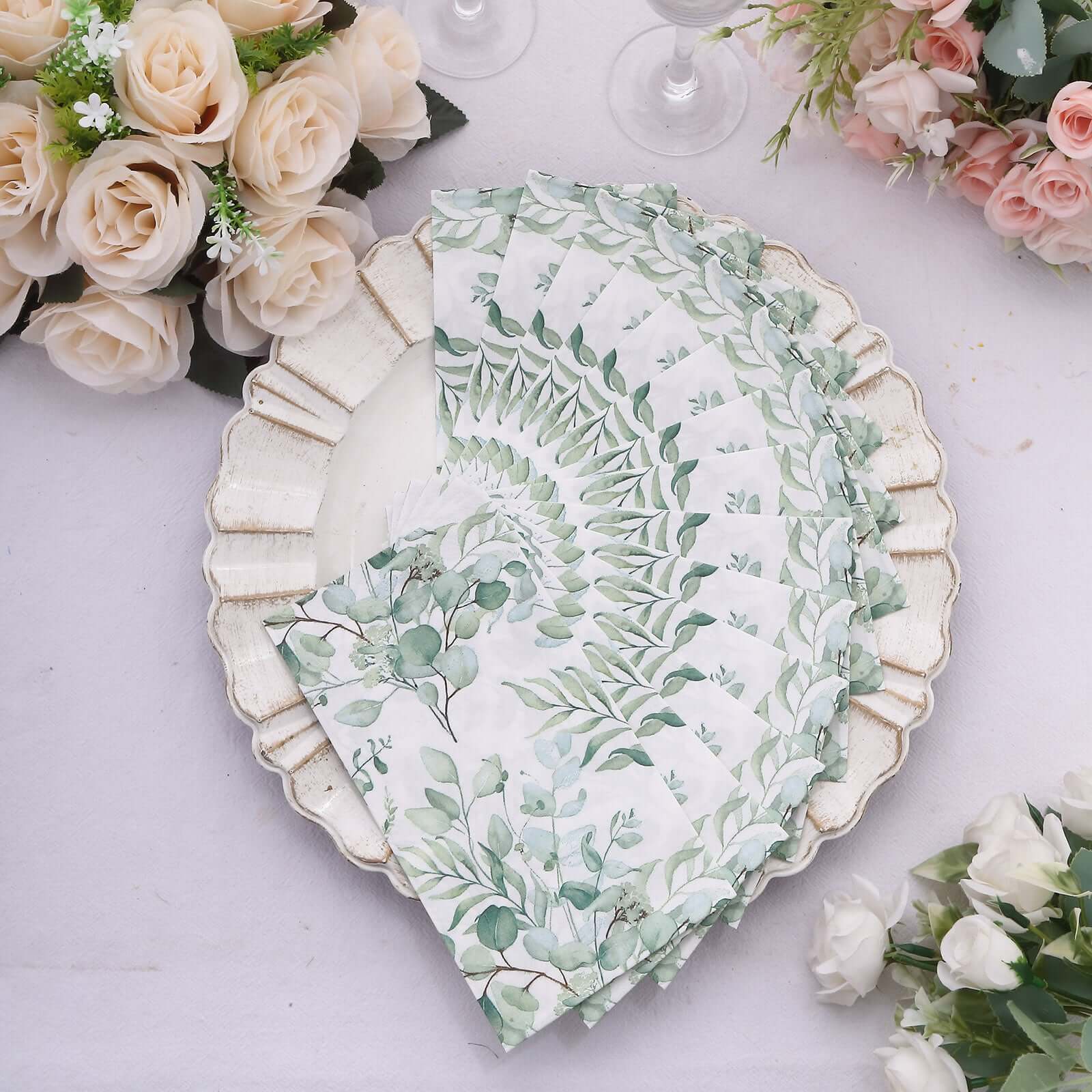 20-Pack Paper Dinner Napkins Green with Eucalyptus Leaf Print 2 Ply - Stylish Boho Napkins for Events