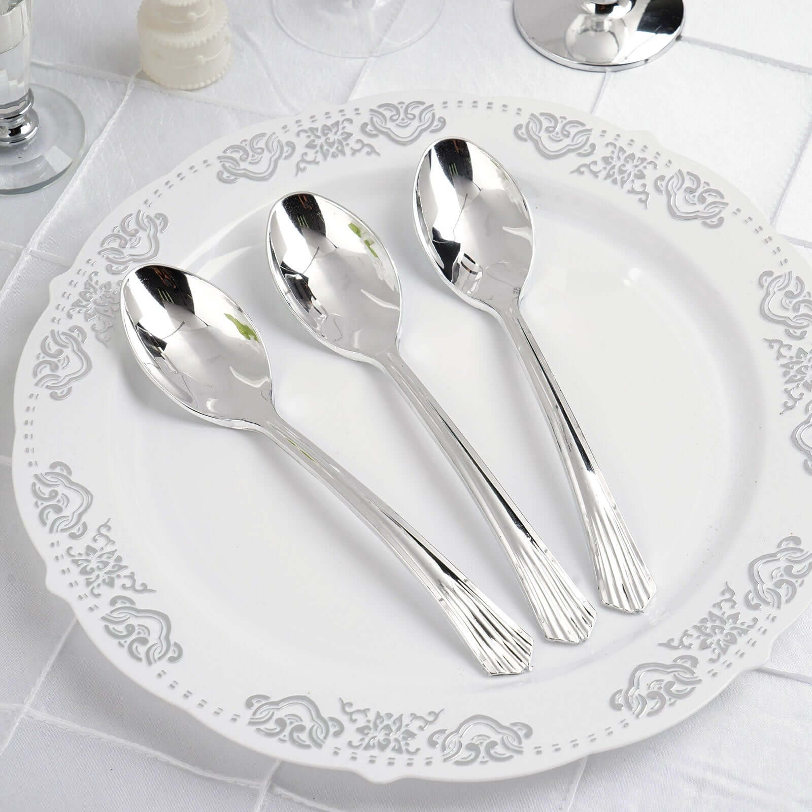 25-Pack Plastic Spoons Silver Heavy Duty with Fluted Handles - Reliable Disposable Cutlery 7