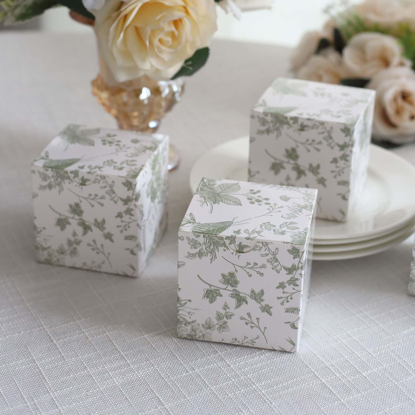 25 Pack White Sage Green Paper Favor Boxes in French Toile Pattern, Cardstock Party Shower Candy Gift Boxes - 3x3x3