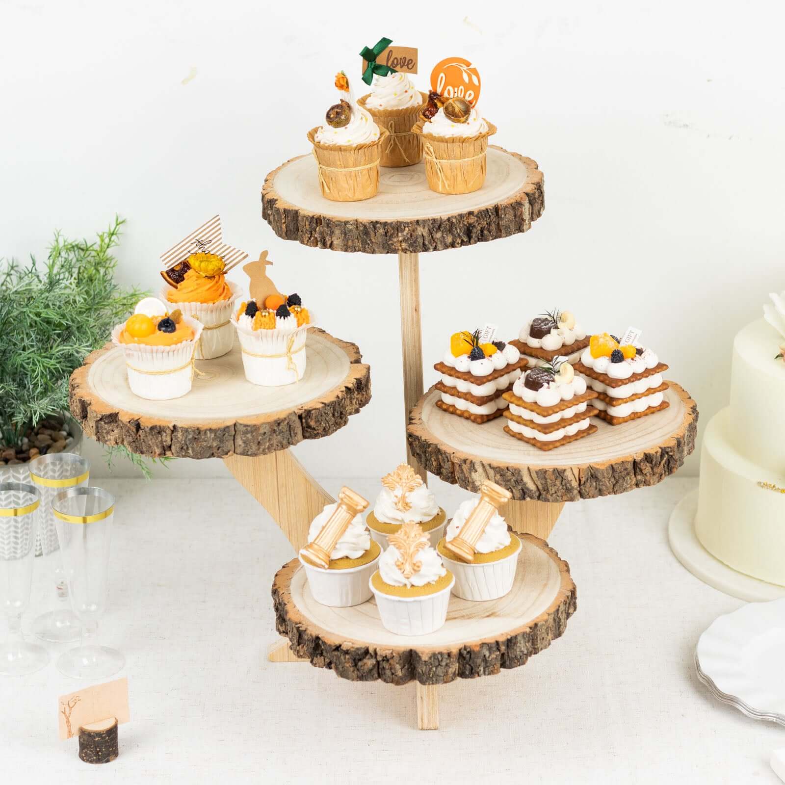 4-Tier Wooden Cupcake Stand Farmhouse Style Natural Wood Slice Design - Rustic Dessert Display Cake Holder 15 Tall