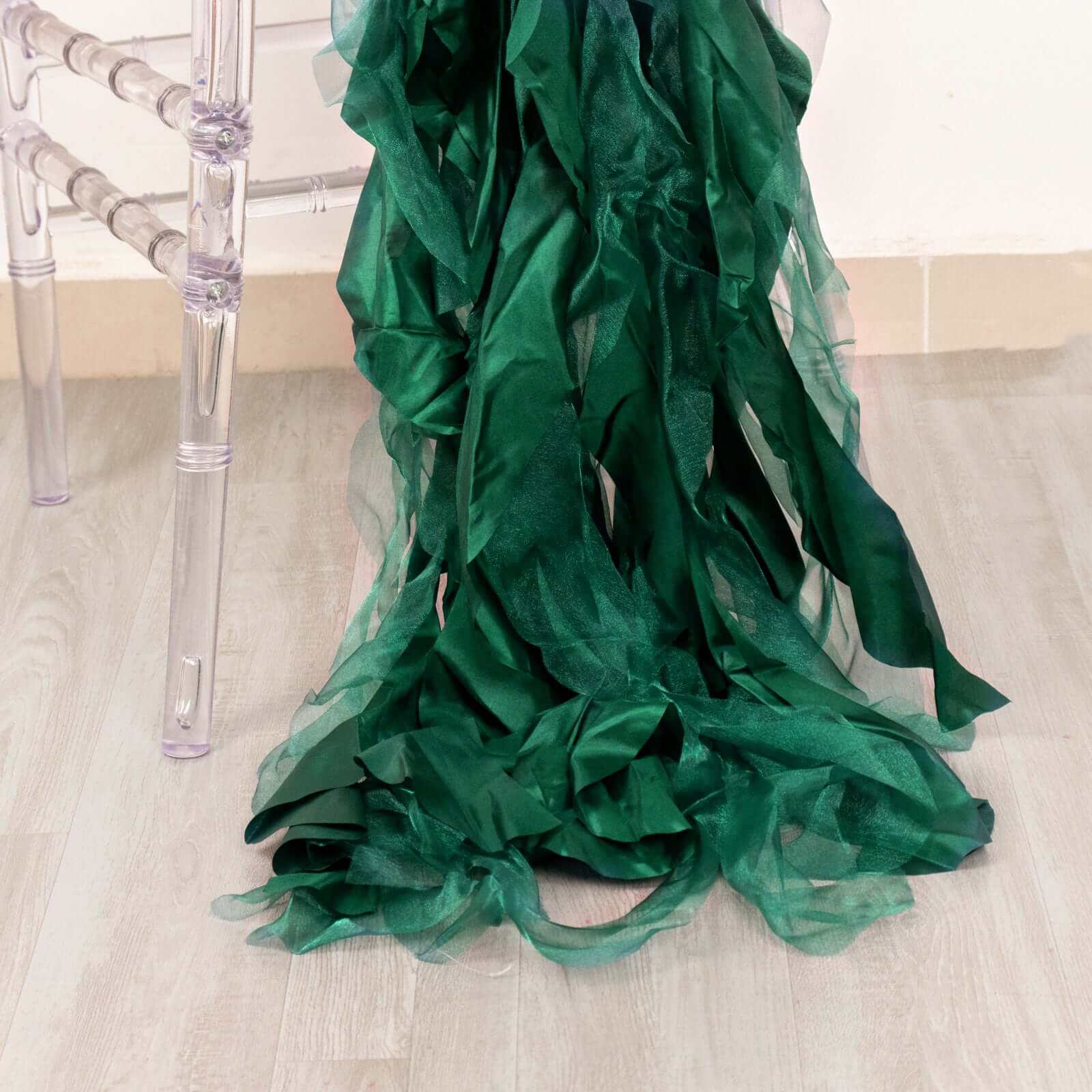 5 Pack Chiffon Satin Chair Sashes Hunter Emerald Green - Easy to Install Ruffled Curly Willow